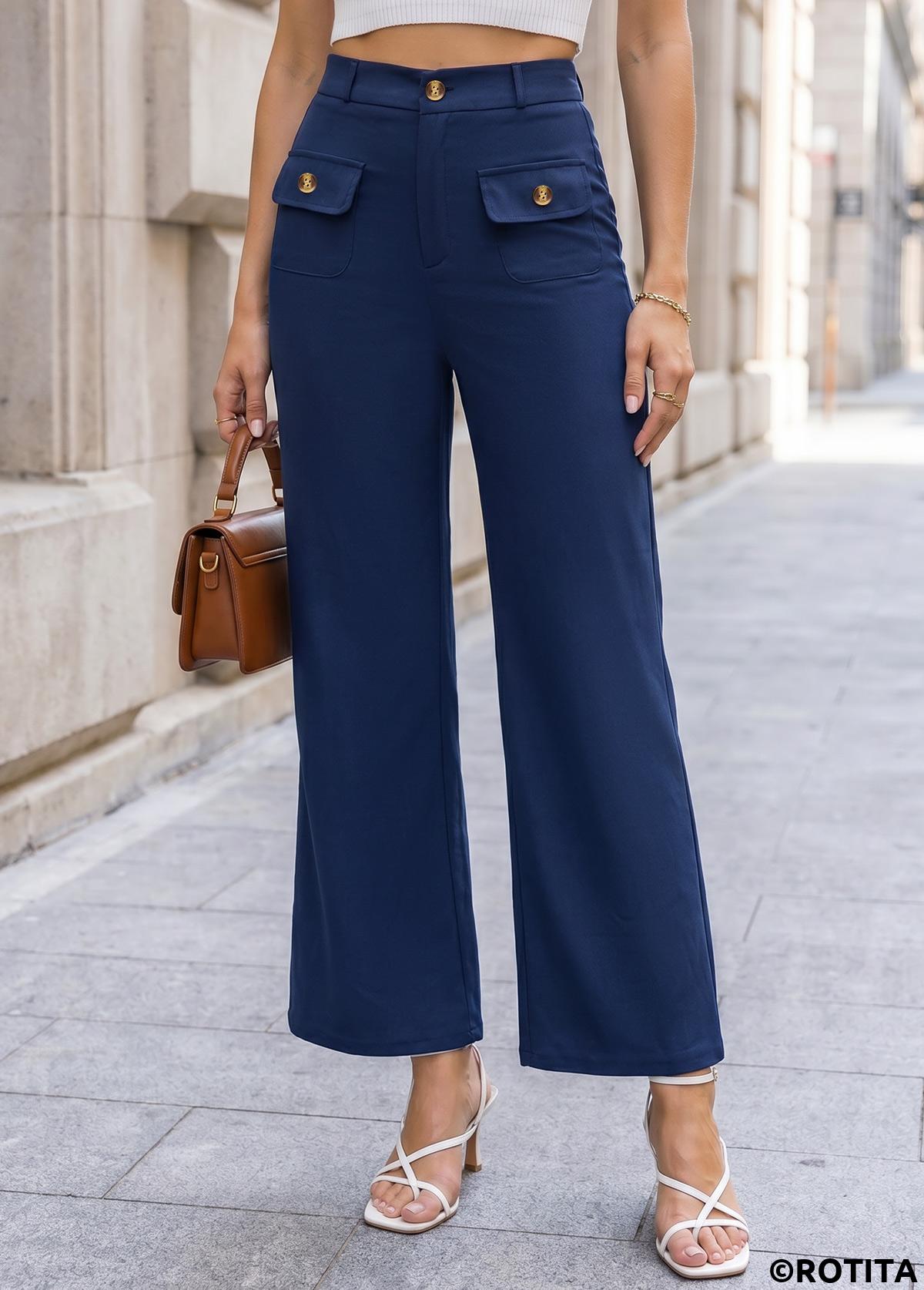 Navy bottoms,Plain Color bottoms,Navy Button Fly High Waisted Pants