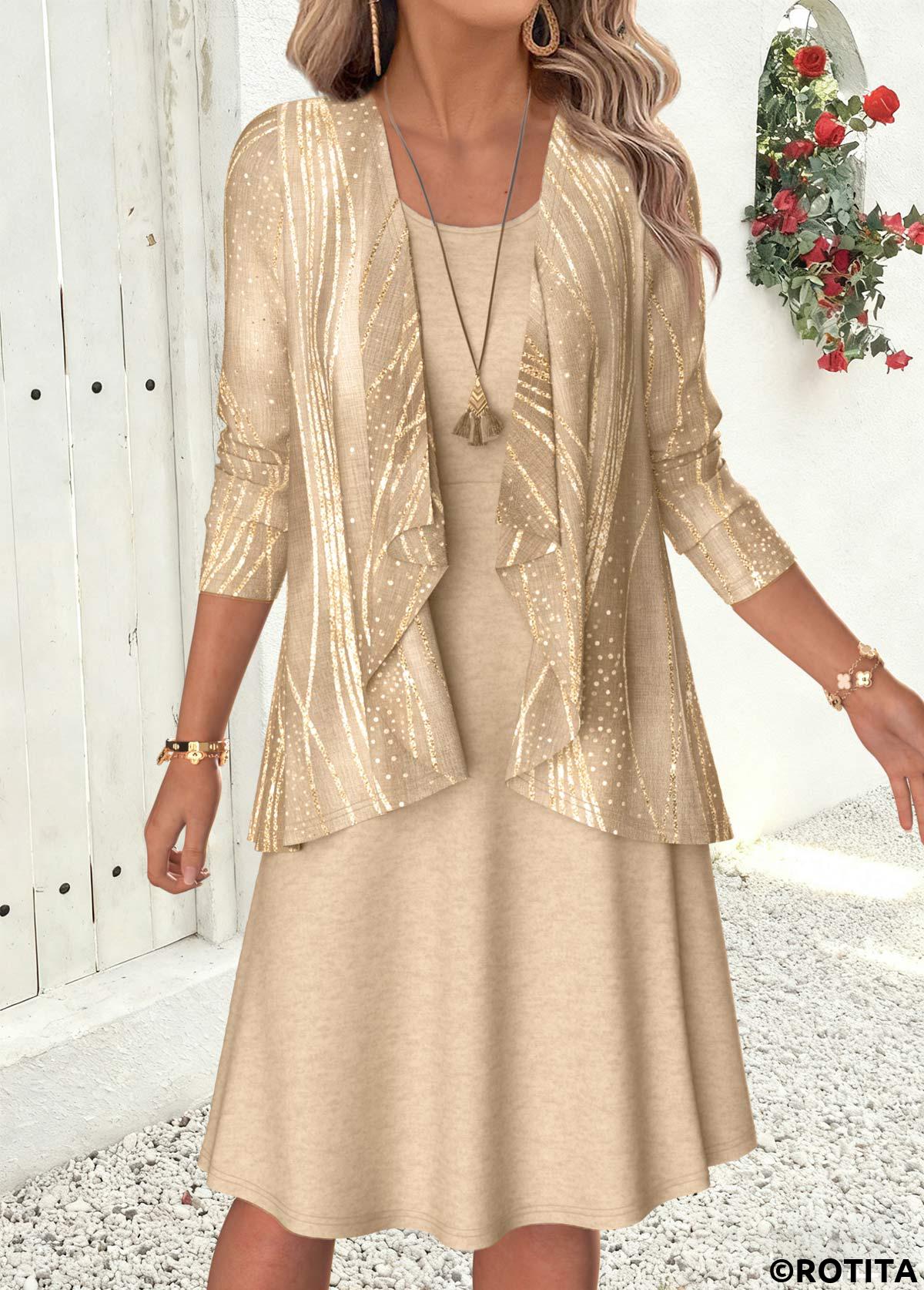 Gray Brown dresses,Geometric dresses,Everyday dresses,Casual dresses,ROTITA Gray Brown Geometric Print Two-piece Dress and Cardigan