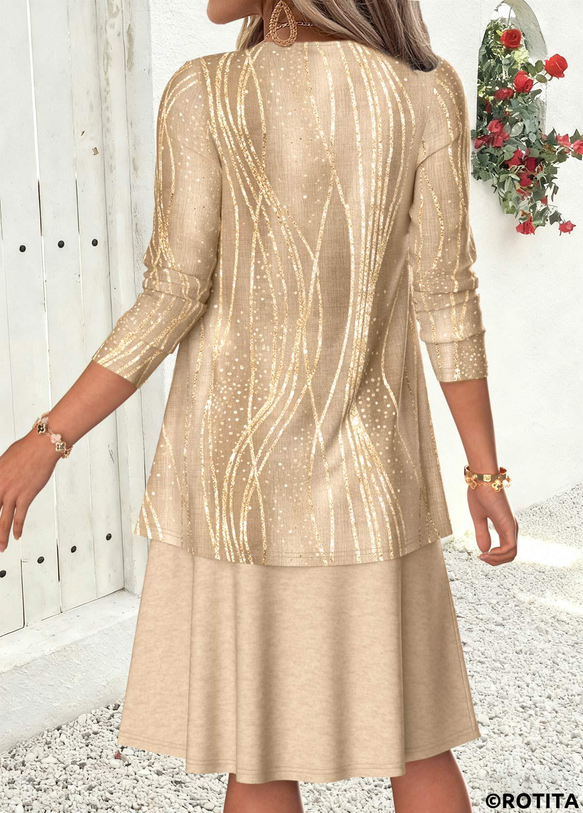 Gray Brown dresses,Geometric dresses,Everyday dresses,Casual dresses,ROTITA Gray Brown Geometric Print Two-piece Dress and Cardigan