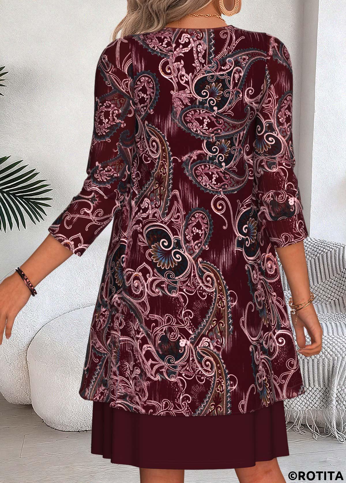 Wine Red dresses,Paisley dresses,Everyday dresses,Casual dresses,ROTITA Wine Red Paisley Print Two-piece Dress and Cardigan