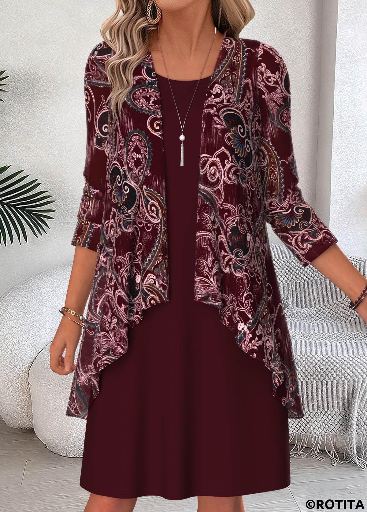Wine Red dresses,Paisley dresses,Everyday dresses,Casual dresses,ROTITA Wine Red Paisley Print Two-piece Dress and Cardigan