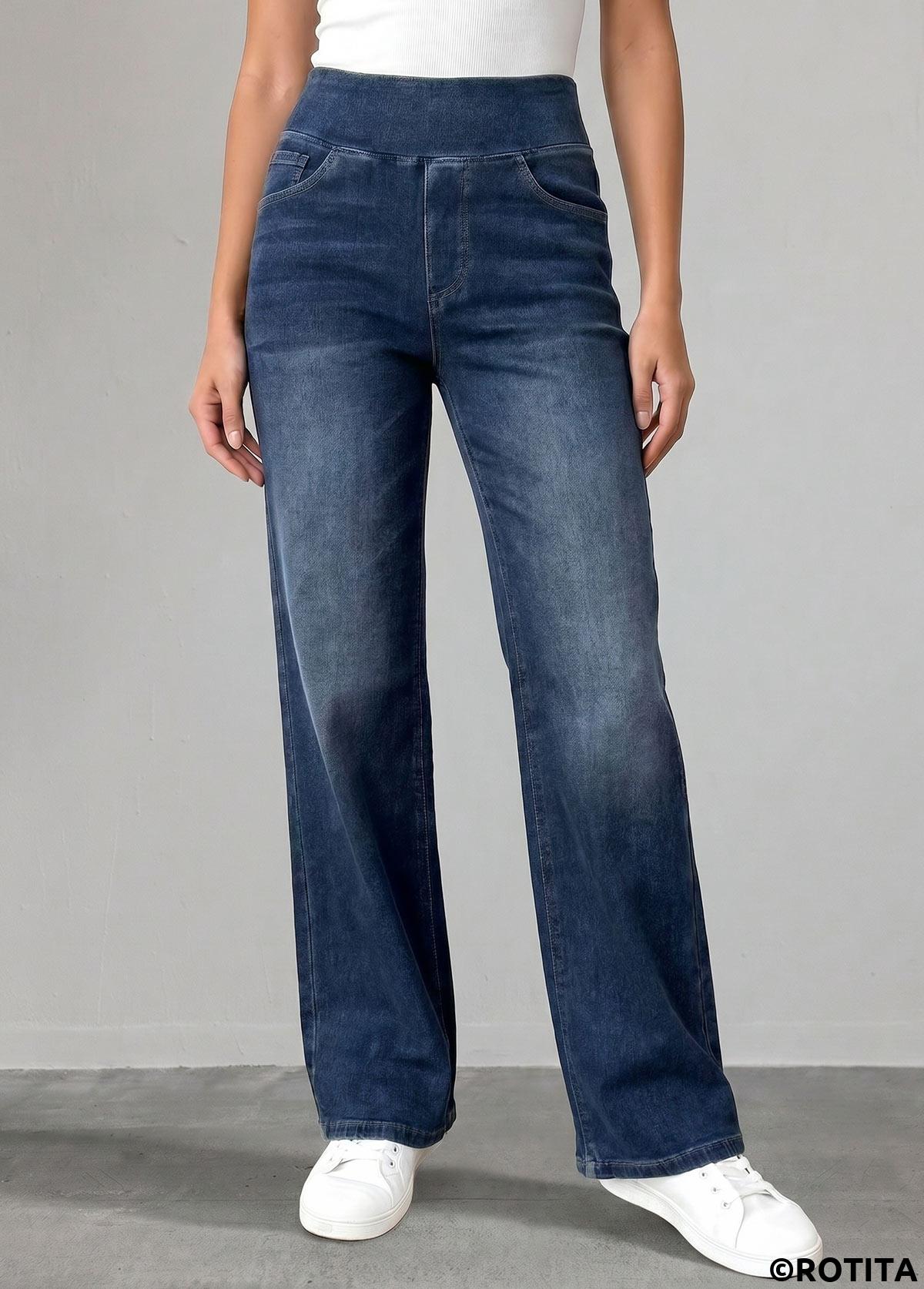 Denim Blue bottoms,Plain Color bottoms,ROTITA Denim Blue Straight Leg Elastic Waist High Waisted Jeans