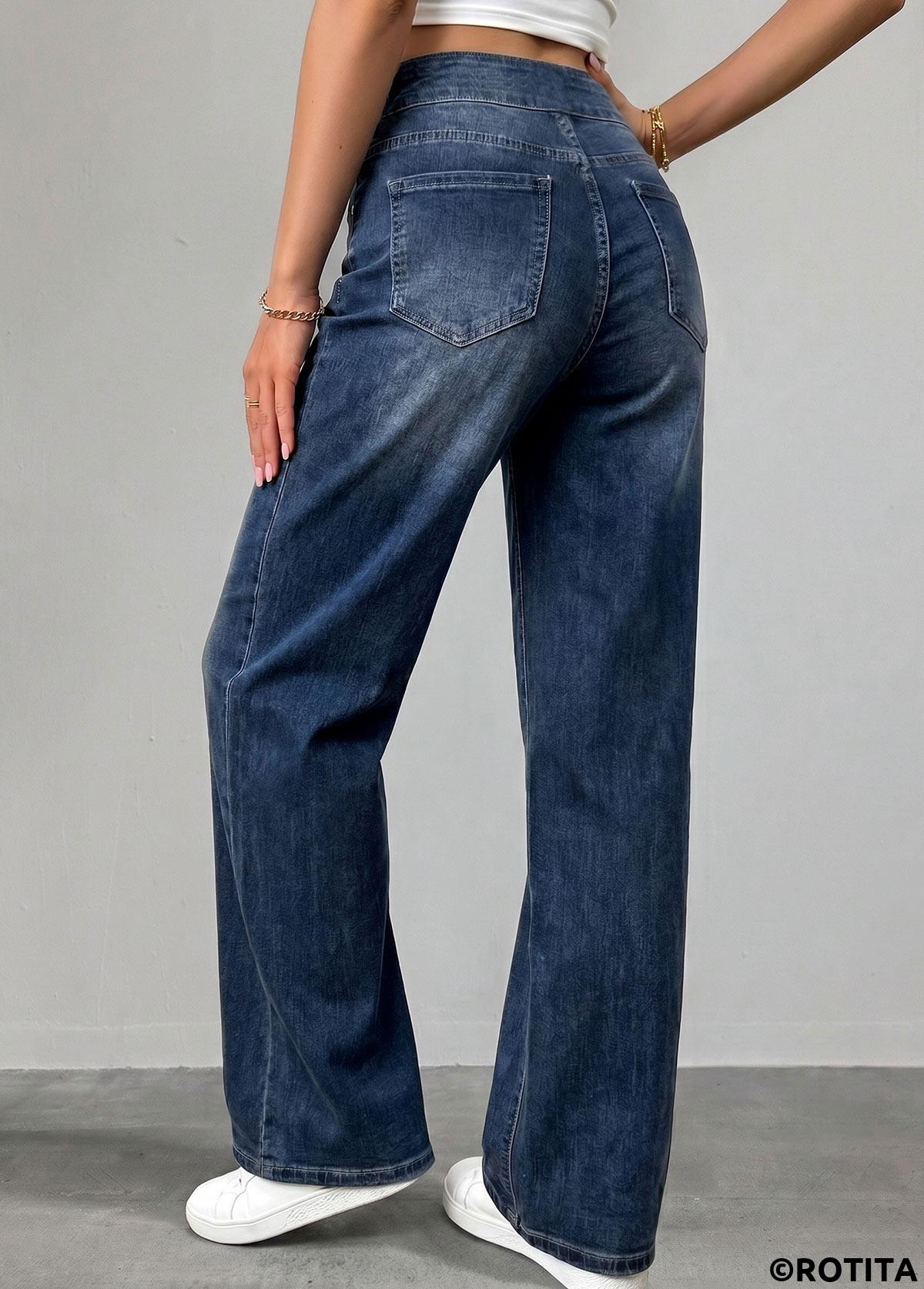 Denim Blue bottoms,Plain Color bottoms,ROTITA Denim Blue Straight Leg Elastic Waist High Waisted Jeans
