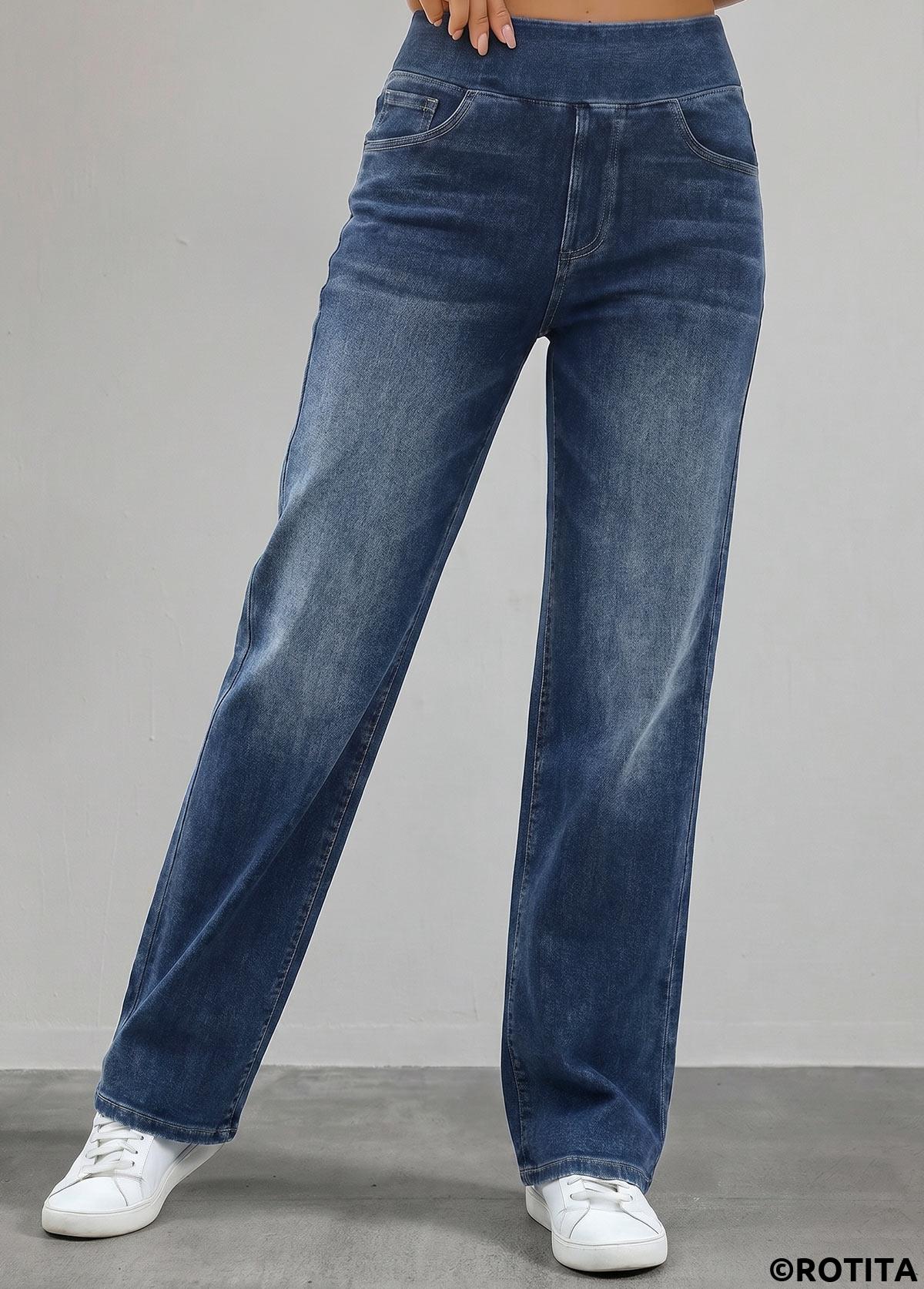 Denim Blue bottoms,Plain Color bottoms,ROTITA Denim Blue Straight Leg Elastic Waist High Waisted Jeans