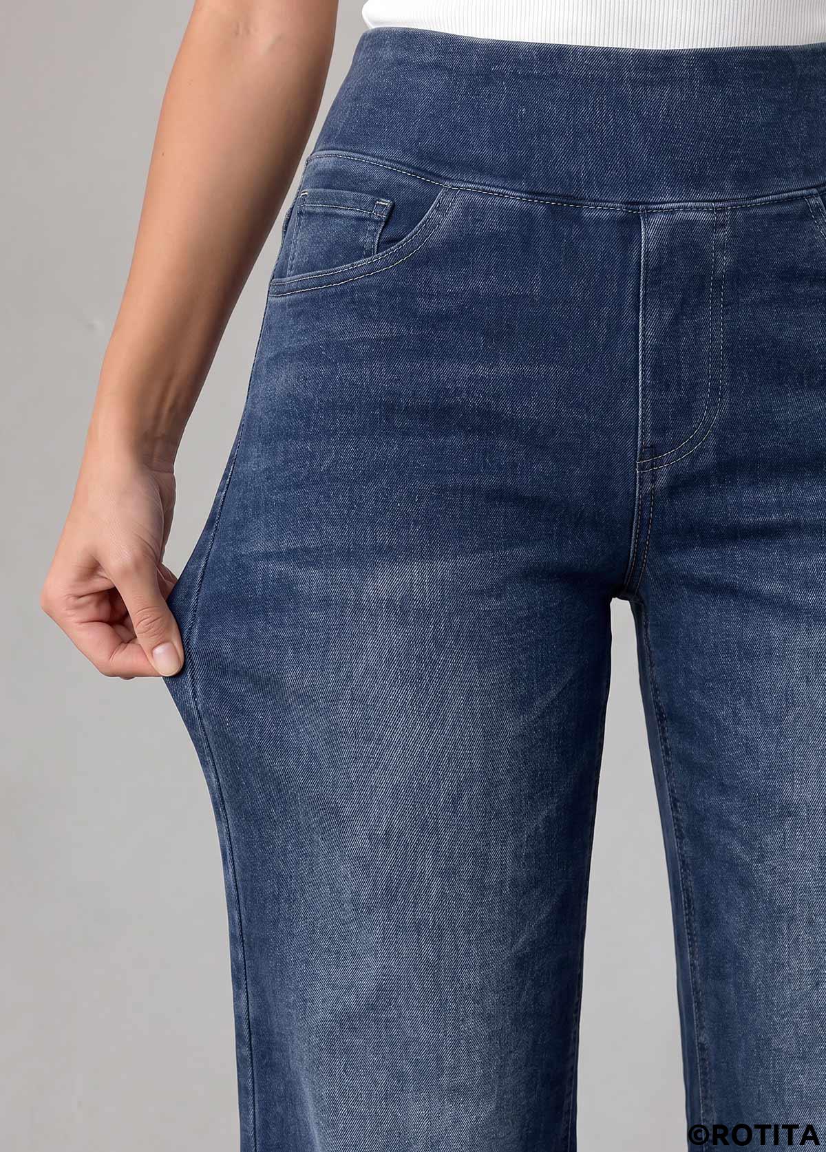 Denim Blue bottoms,Plain Color bottoms,ROTITA Denim Blue Straight Leg Elastic Waist High Waisted Jeans