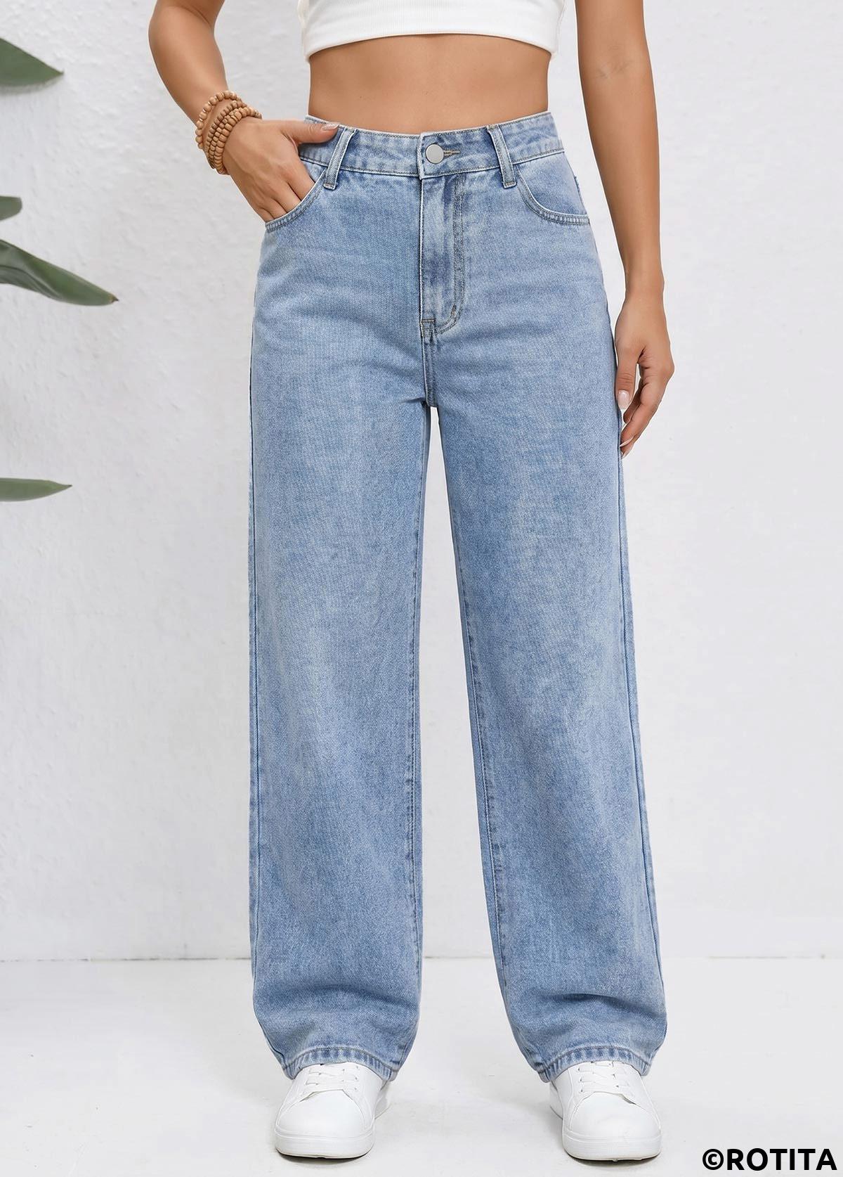 Denim Blue bottoms,Plain Color bottoms,ROTITA Denim Blue Straight Leg Zipper Fly High Waisted Jeans