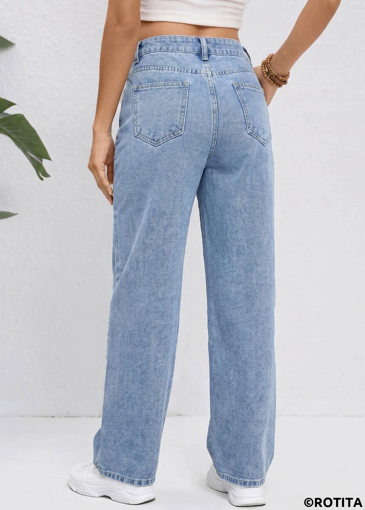 Denim Blue bottoms,Plain Color bottoms,ROTITA Denim Blue Straight Leg Zipper Fly High Waisted Jeans