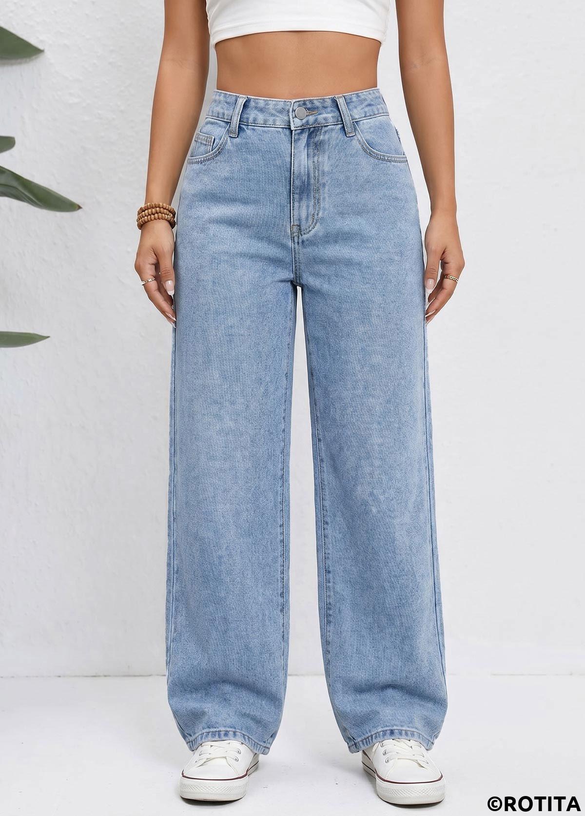 Denim Blue bottoms,Plain Color bottoms,ROTITA Denim Blue Straight Leg Zipper Fly High Waisted Jeans