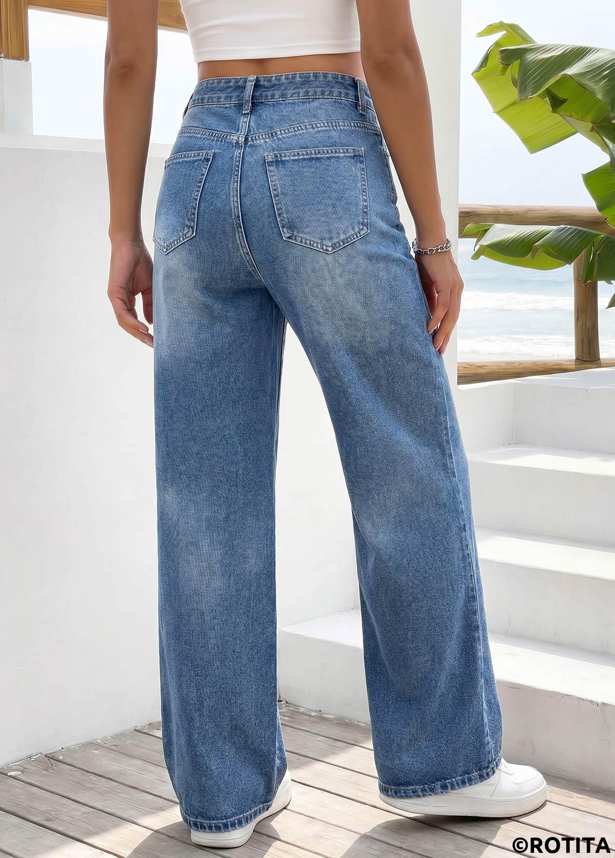 Denim Blue bottoms,Plain Color bottoms,ROTITA Denim Blue Wide Leg Zipper Fly High Waisted Jeans