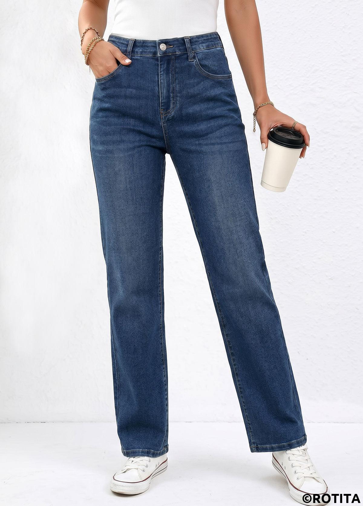 Denim Blue bottoms,Plain Color bottoms,ROTITA Denim Blue Straight Leg Zipper Fly High Waisted Jeans
