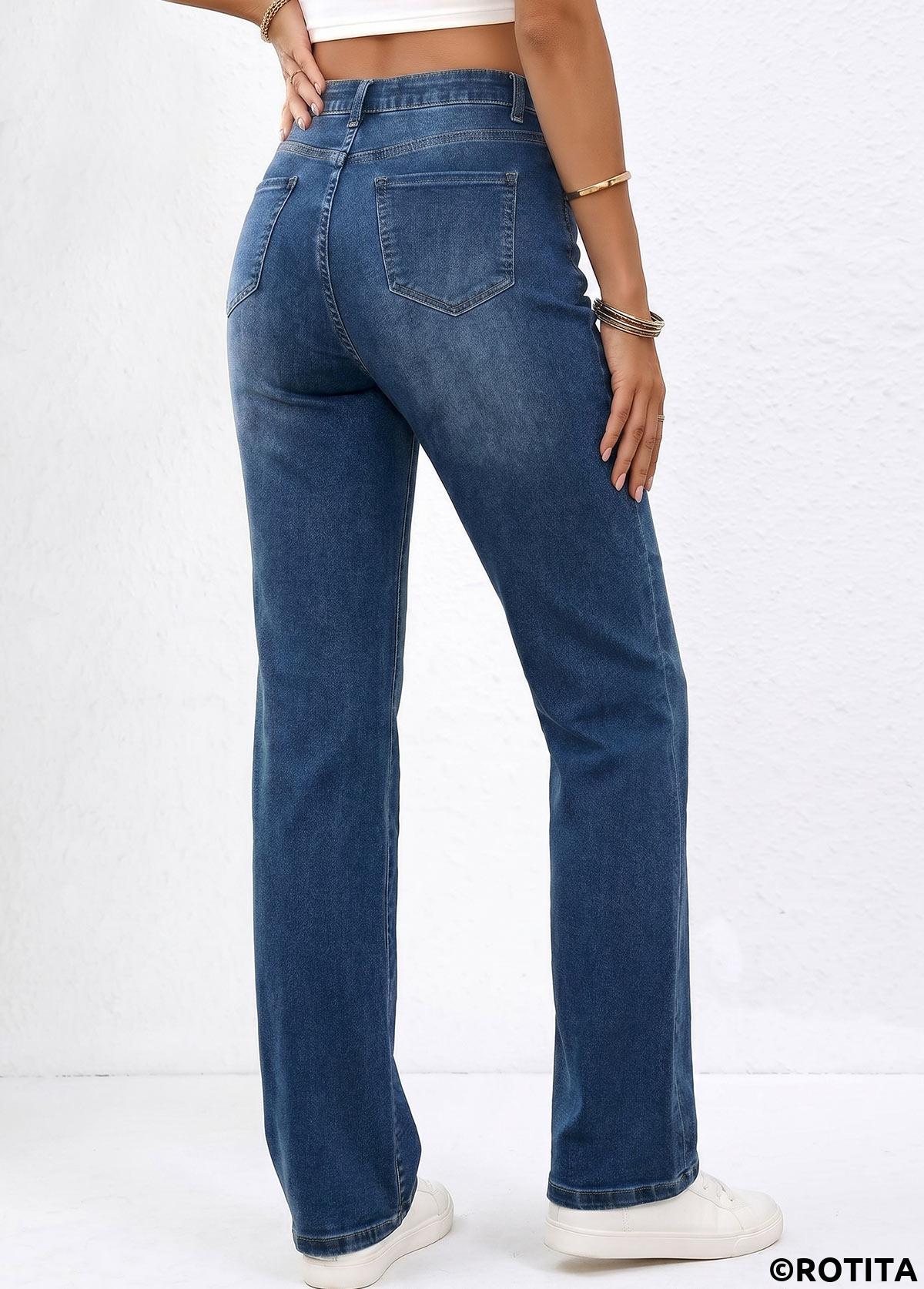 Denim Blue bottoms,Plain Color bottoms,ROTITA Denim Blue Straight Leg Zipper Fly High Waisted Jeans