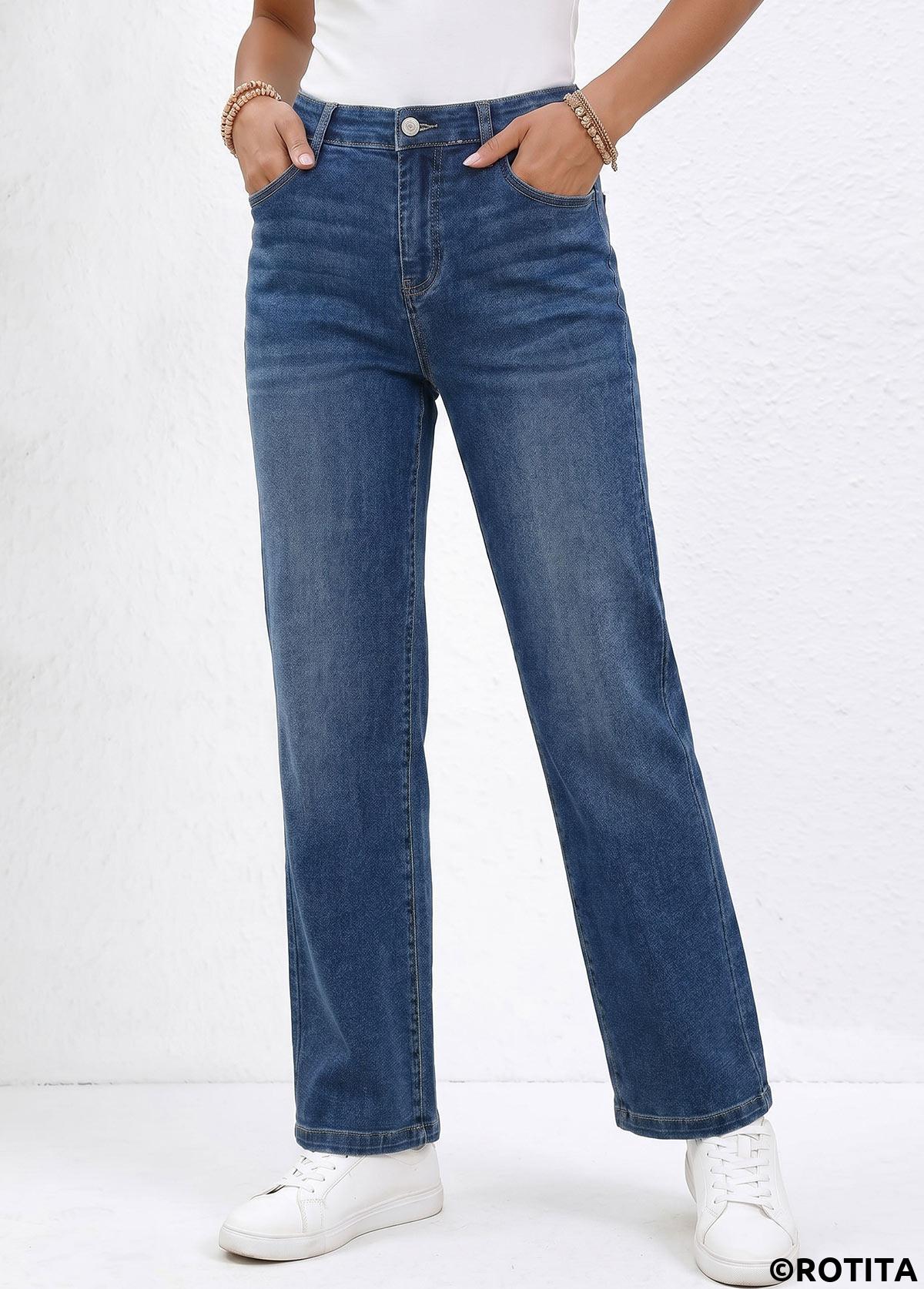 Denim Blue bottoms,Plain Color bottoms,ROTITA Denim Blue Straight Leg Zipper Fly High Waisted Jeans