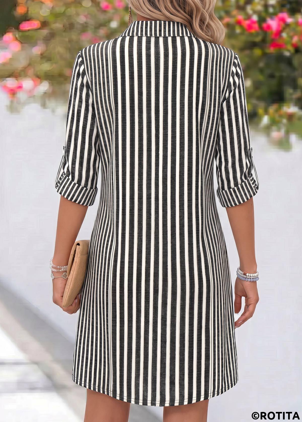 Grey dresses,Striped dresses,Geometric dresses,Everyday dresses,Casual dresses,ROTITA Grey Striped Tummy Coverage Short Shirt Collar Dress
