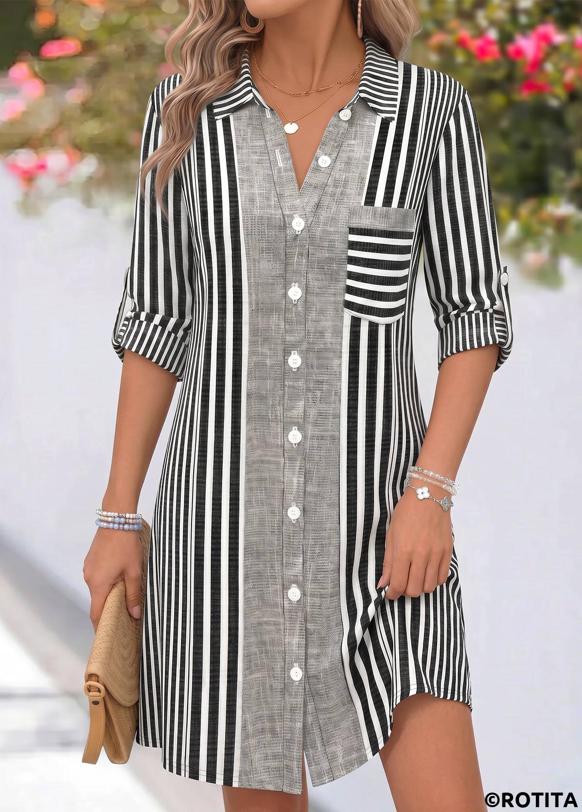 Grey dresses,Striped dresses,Geometric dresses,Everyday dresses,Casual dresses,ROTITA Grey Striped Tummy Coverage Short Shirt Collar Dress