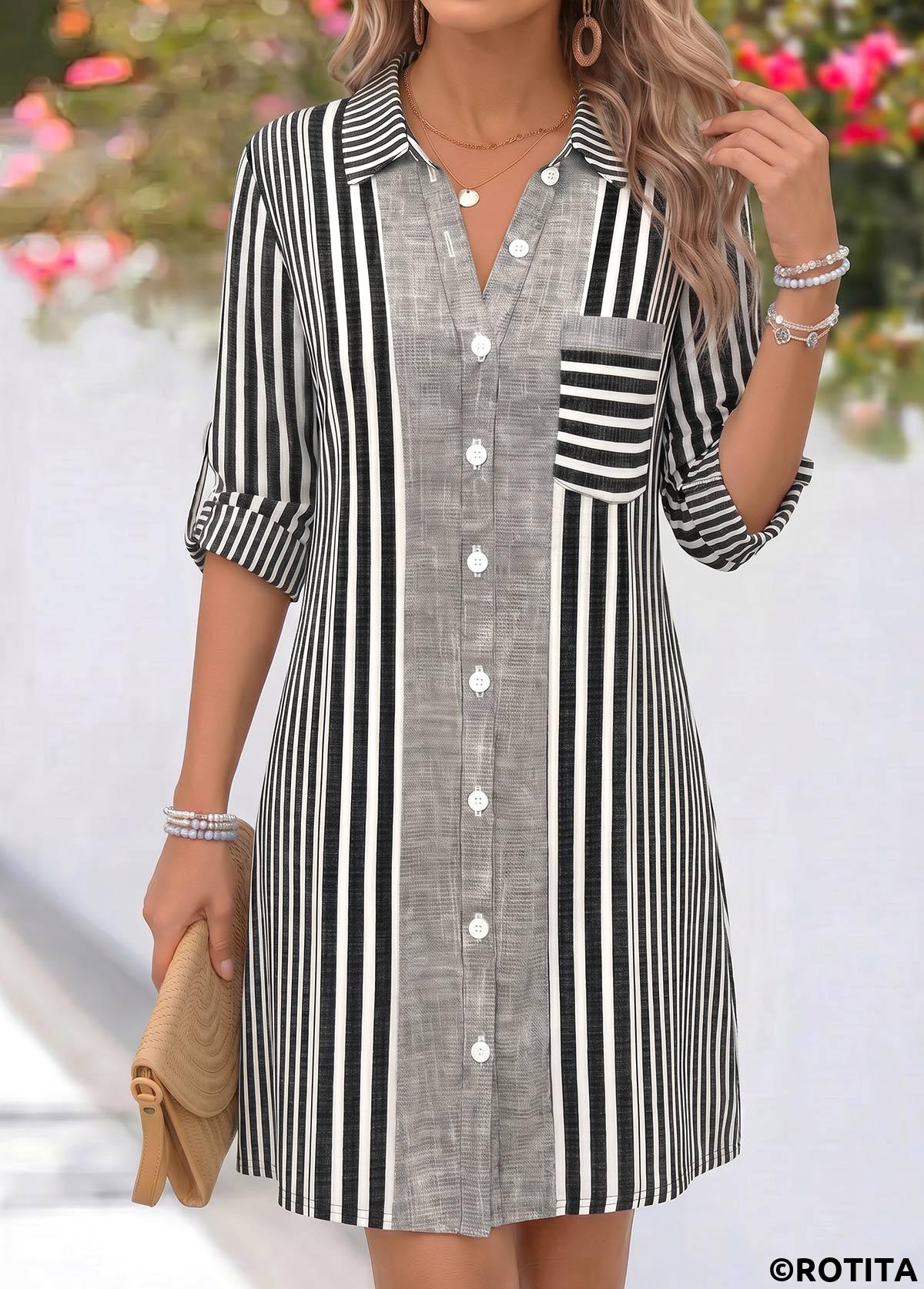 Grey dresses,Striped dresses,Geometric dresses,Everyday dresses,Casual dresses,ROTITA Grey Striped Tummy Coverage Short Shirt Collar Dress
