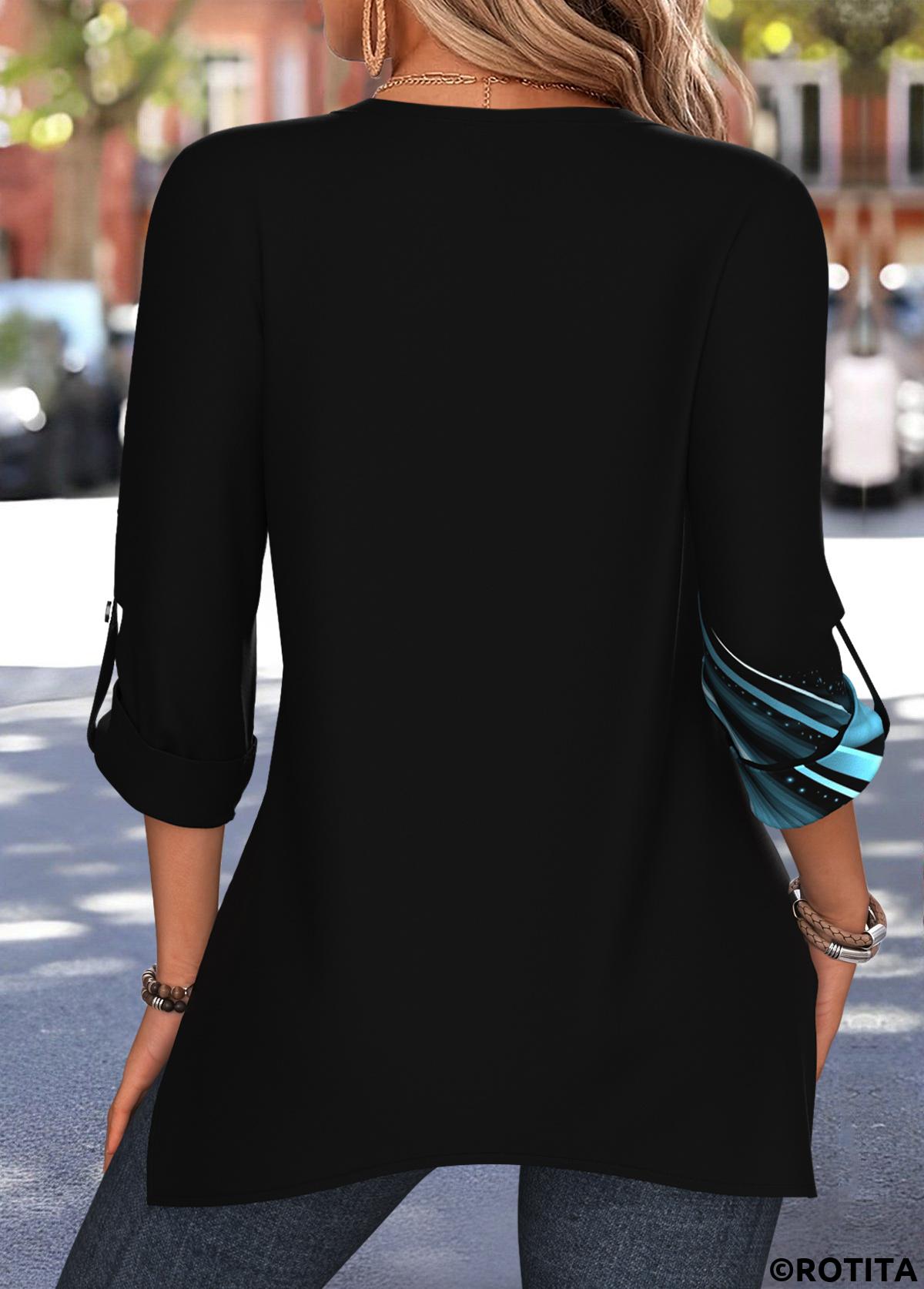 Black tops,Ombre tops,ROTITA Handkerchief Hem Ombre Black Split Neck 3/4 Sleeve Blouse