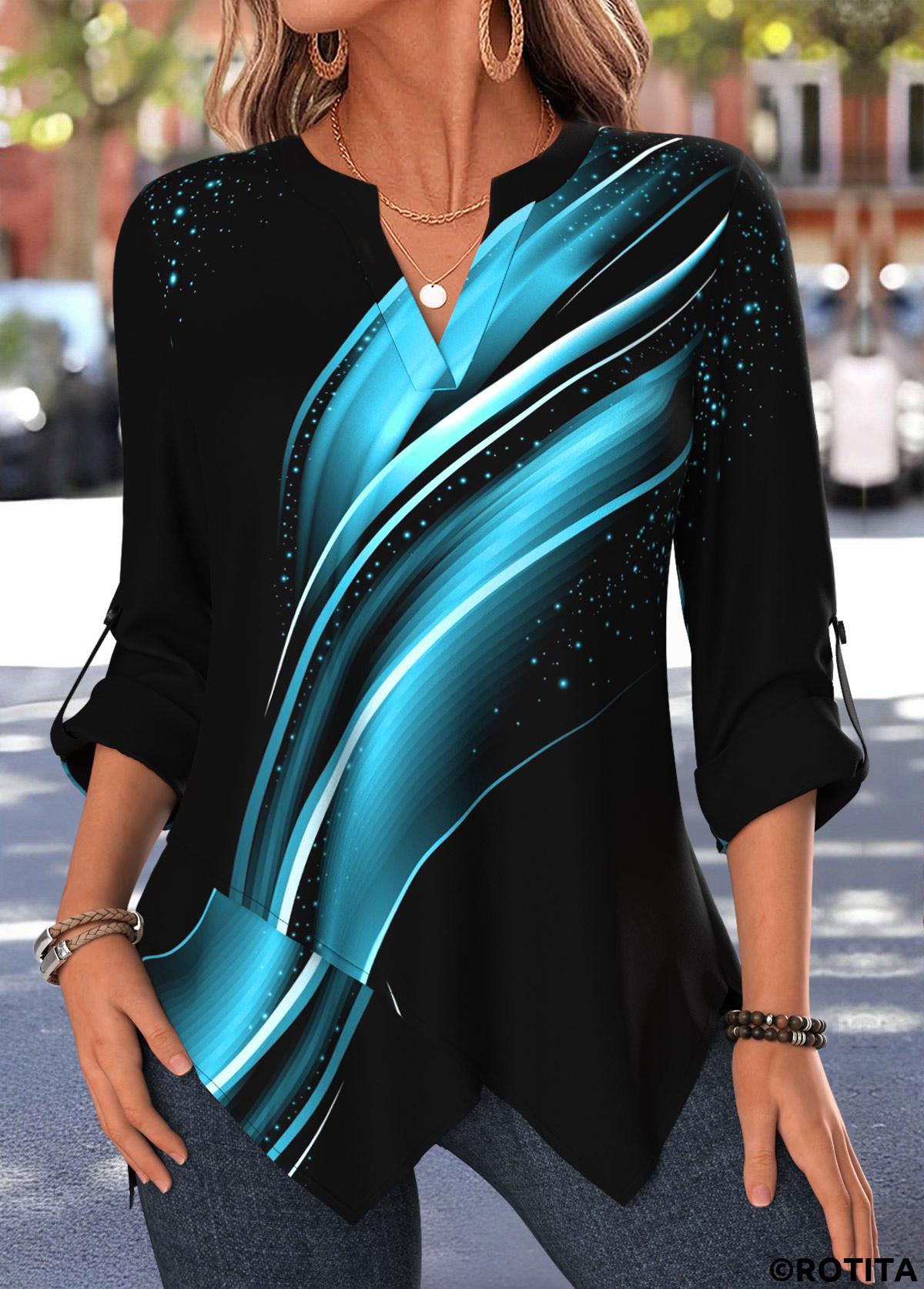 Black tops,Ombre tops,ROTITA Handkerchief Hem Ombre Black Split Neck 3/4 Sleeve Blouse