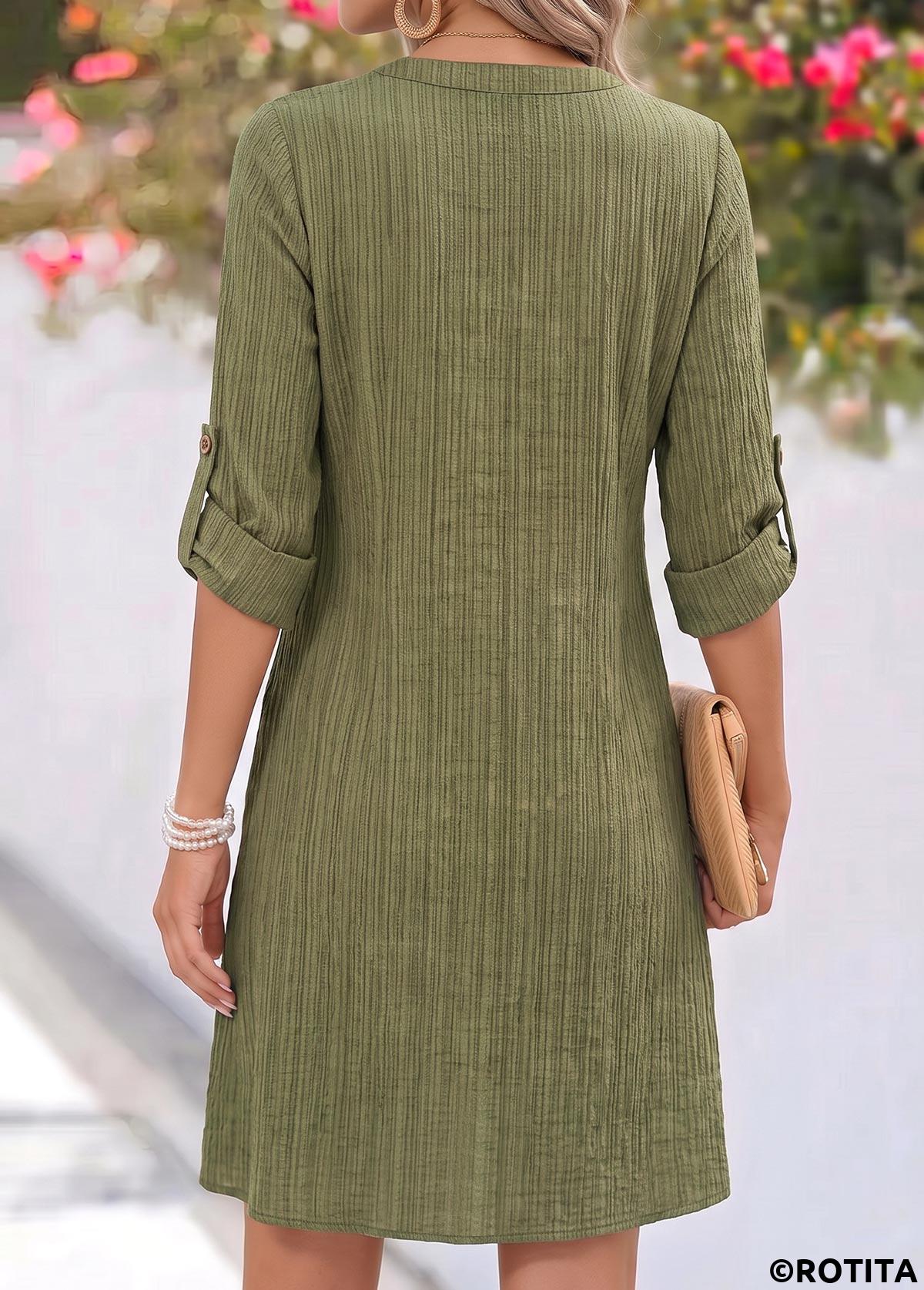 Olive Green dresses,Plain Color dresses,Everyday dresses,Casual dresses,ROTITA Olive Green Patchwork Short Split Neck Long Sleeve Dress