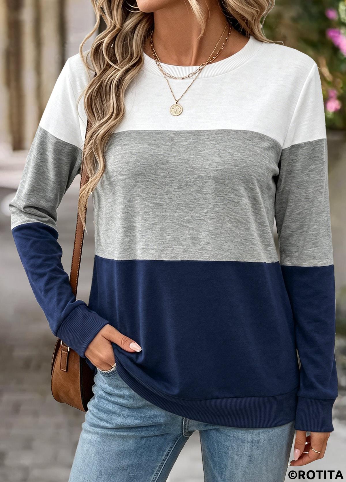 Navy tops,Contrast Color tops,ROTITA Tummy Coverage Navy Round Neck Long Sleeve Sweatshirt