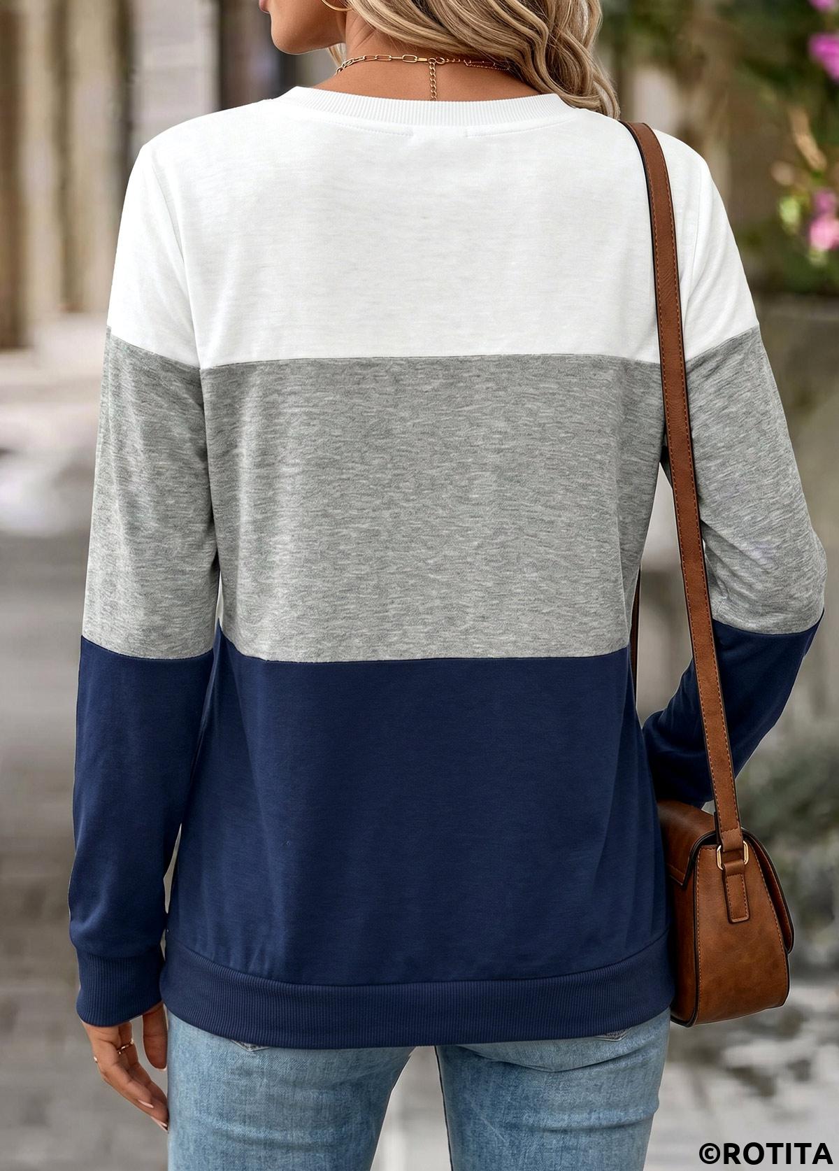 Navy tops,Contrast Color tops,ROTITA Tummy Coverage Navy Round Neck Long Sleeve Sweatshirt