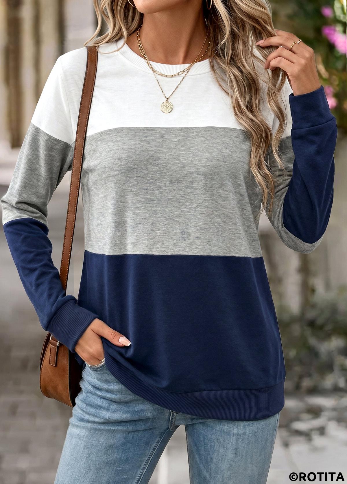 Navy tops,Contrast Color tops,ROTITA Tummy Coverage Navy Round Neck Long Sleeve Sweatshirt