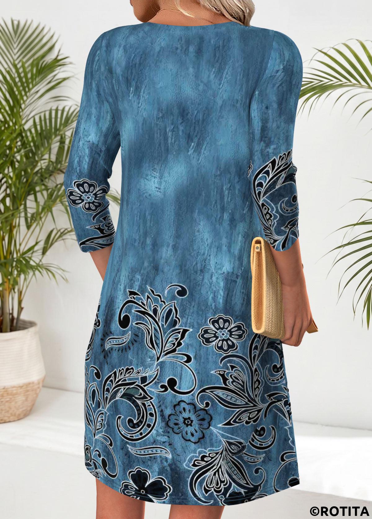 Peacock Blue dresses,Tribal dresses,Everyday dresses,Casual dresses,ROTITA Peacock Blue Tribal Print Tuck Stitch Short Dress