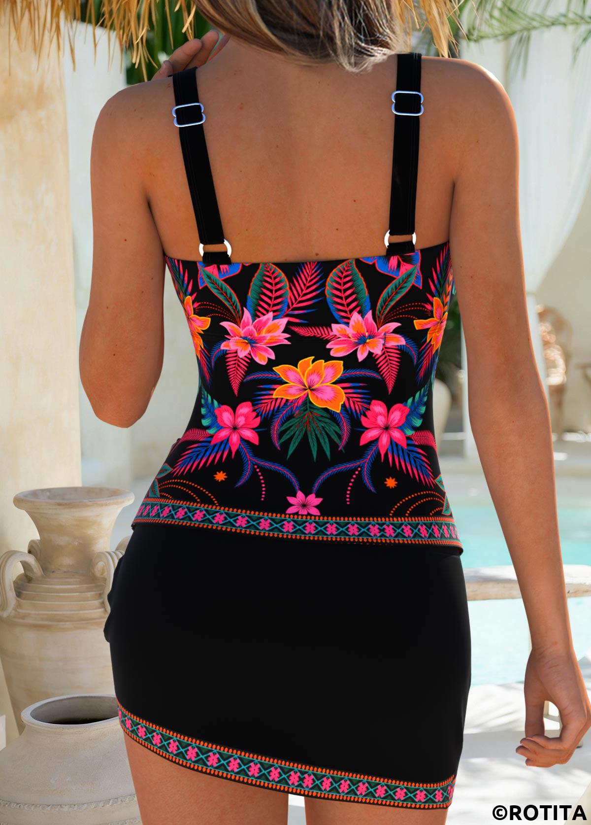 Black swimwear,Floral swimwear,Plants swimwear,ROTITA Black Surplice Floral Print Mid Waisted Tankini Set
