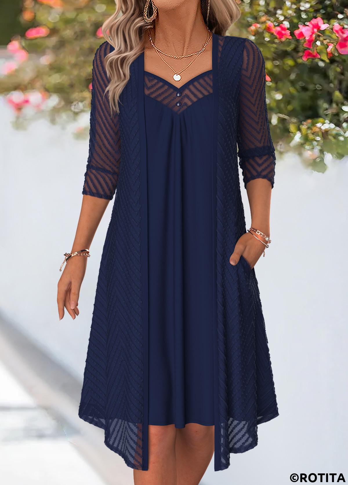 Navy dresses,Plain Color dresses,Everyday dresses,Casual dresses,ROTITA Navy Fake 2in1 Heart Collar 3/4 Sleeve Dress