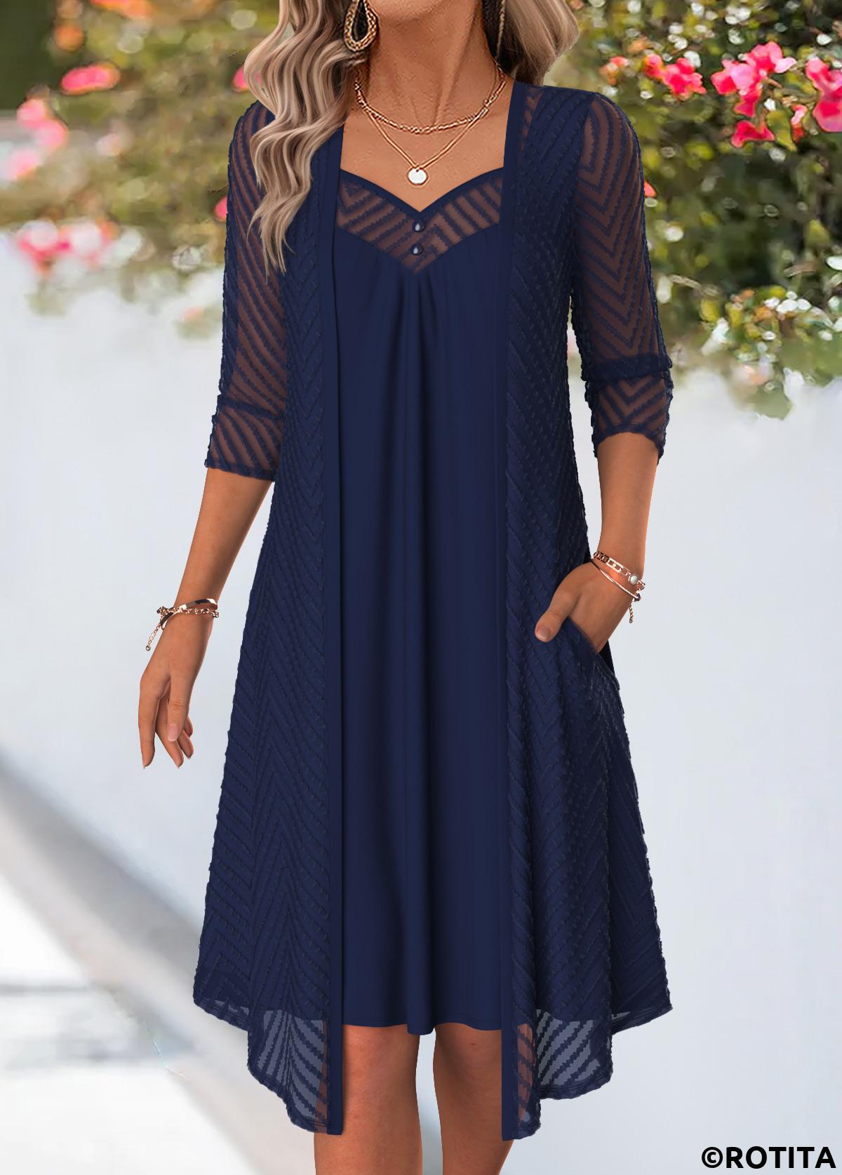 Navy dresses,Plain Color dresses,Everyday dresses,Casual dresses,ROTITA Navy Fake 2in1 Heart Collar 3/4 Sleeve Dress