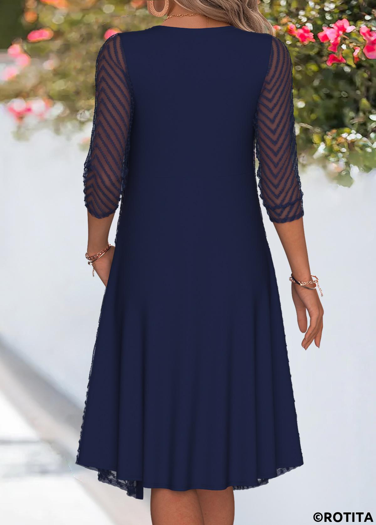 Navy dresses,Plain Color dresses,Everyday dresses,Casual dresses,ROTITA Navy Fake 2in1 Heart Collar 3/4 Sleeve Dress