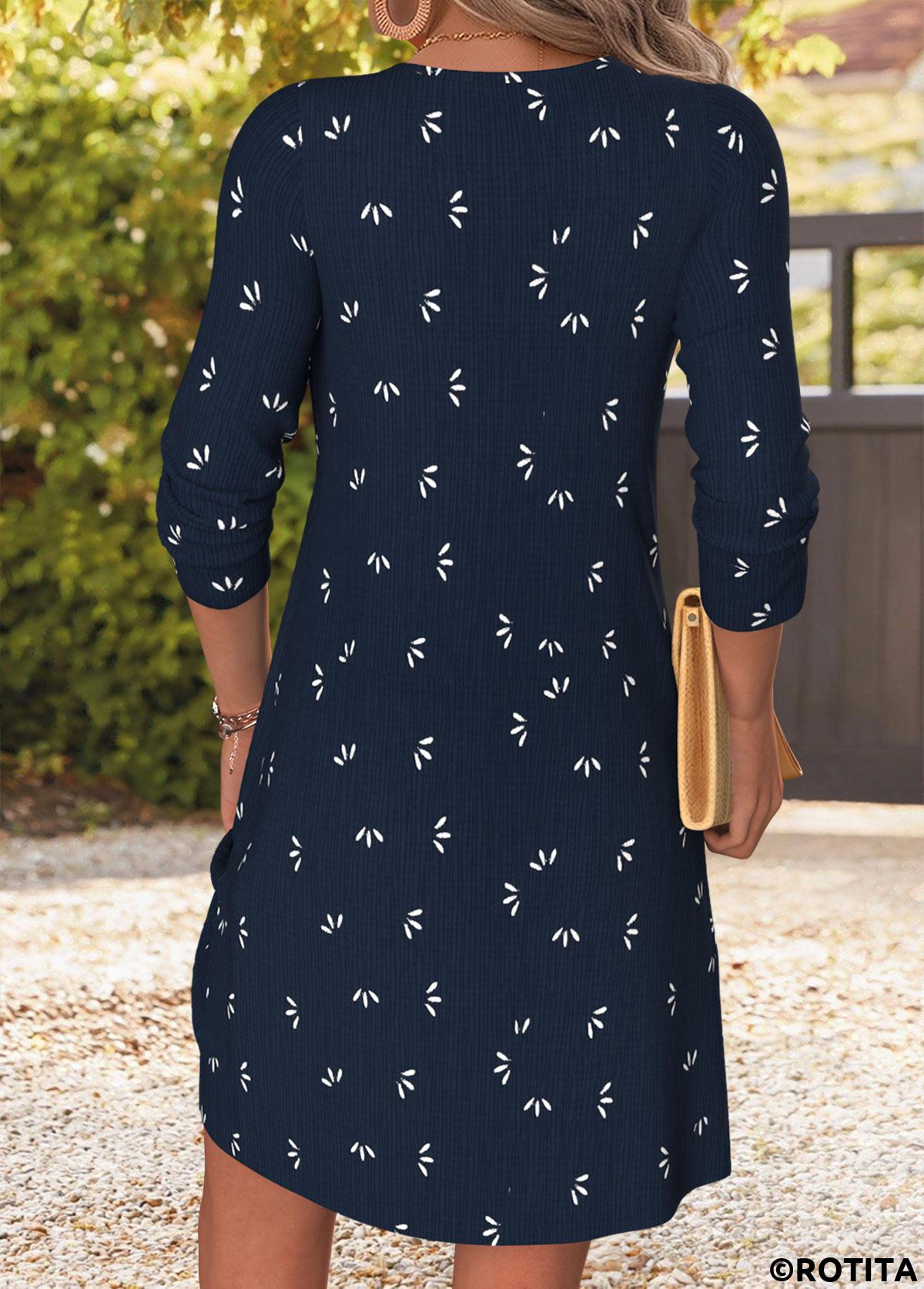 Navy dresses,Tribal dresses,Everyday dresses,Casual dresses,ROTITA Navy Tribal Print Patchwork Short Split Neck Dress