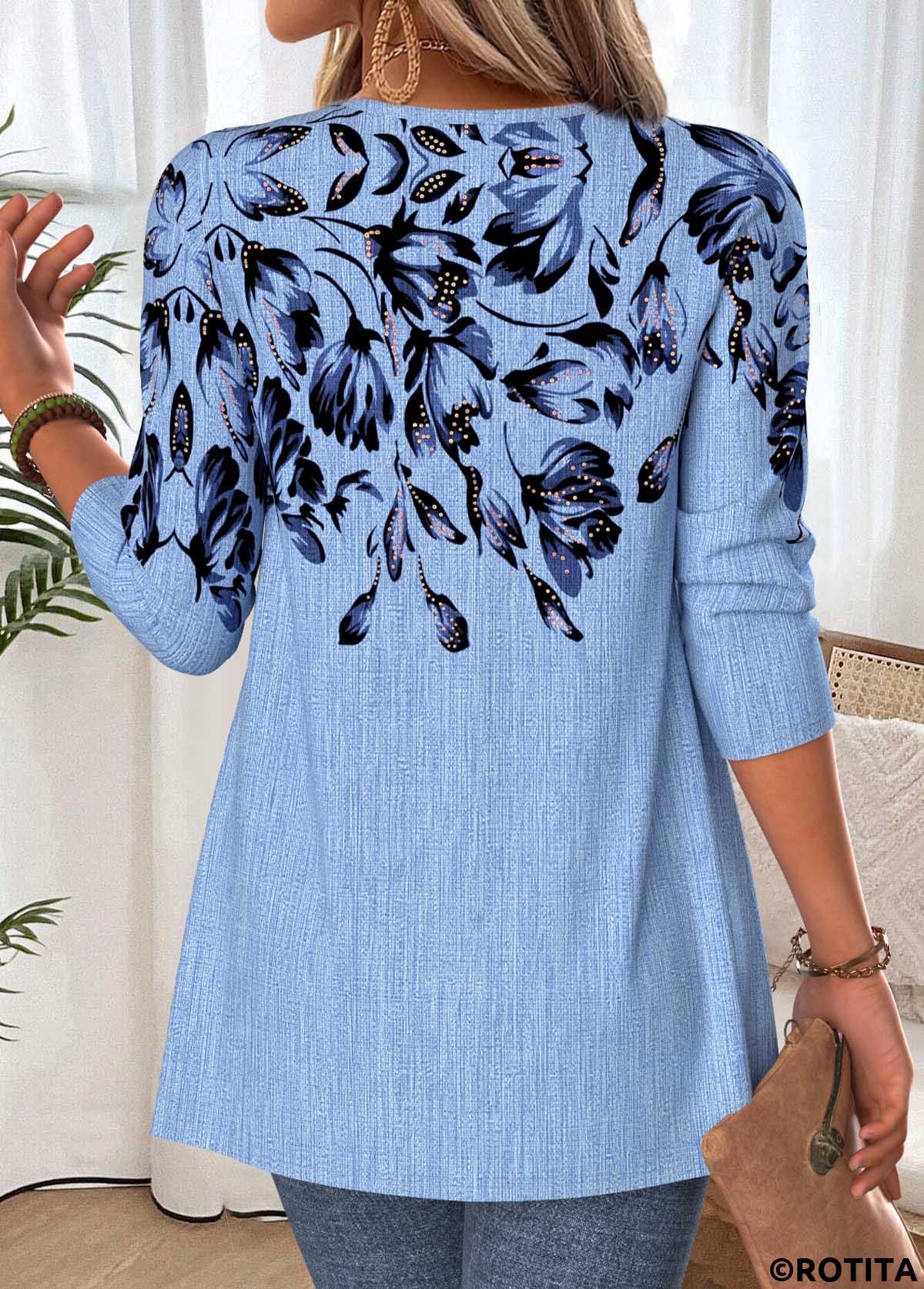Dusty Blue tops,Floral tops,Plants tops,ROTITA Floral Print Dusty Blue Fake Two Piece Twinset