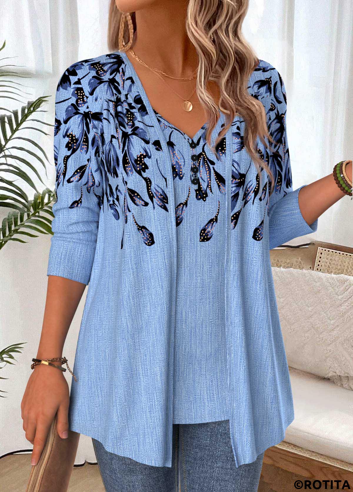 Dusty Blue tops,Floral tops,Plants tops,ROTITA Floral Print Dusty Blue Fake Two Piece Twinset