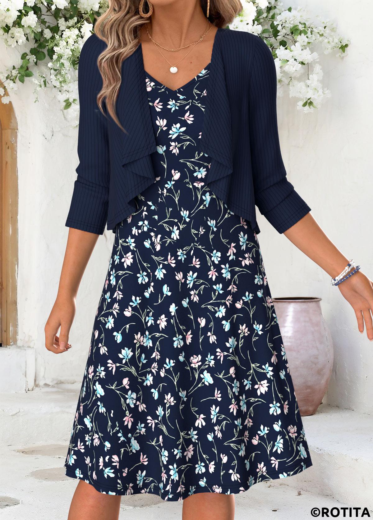 Navy dresses,Floral dresses,Plants dresses,Everyday dresses,Casual dresses,ROTITA Navy Floral Print Tummy Coverage Short Dress and Cardigan