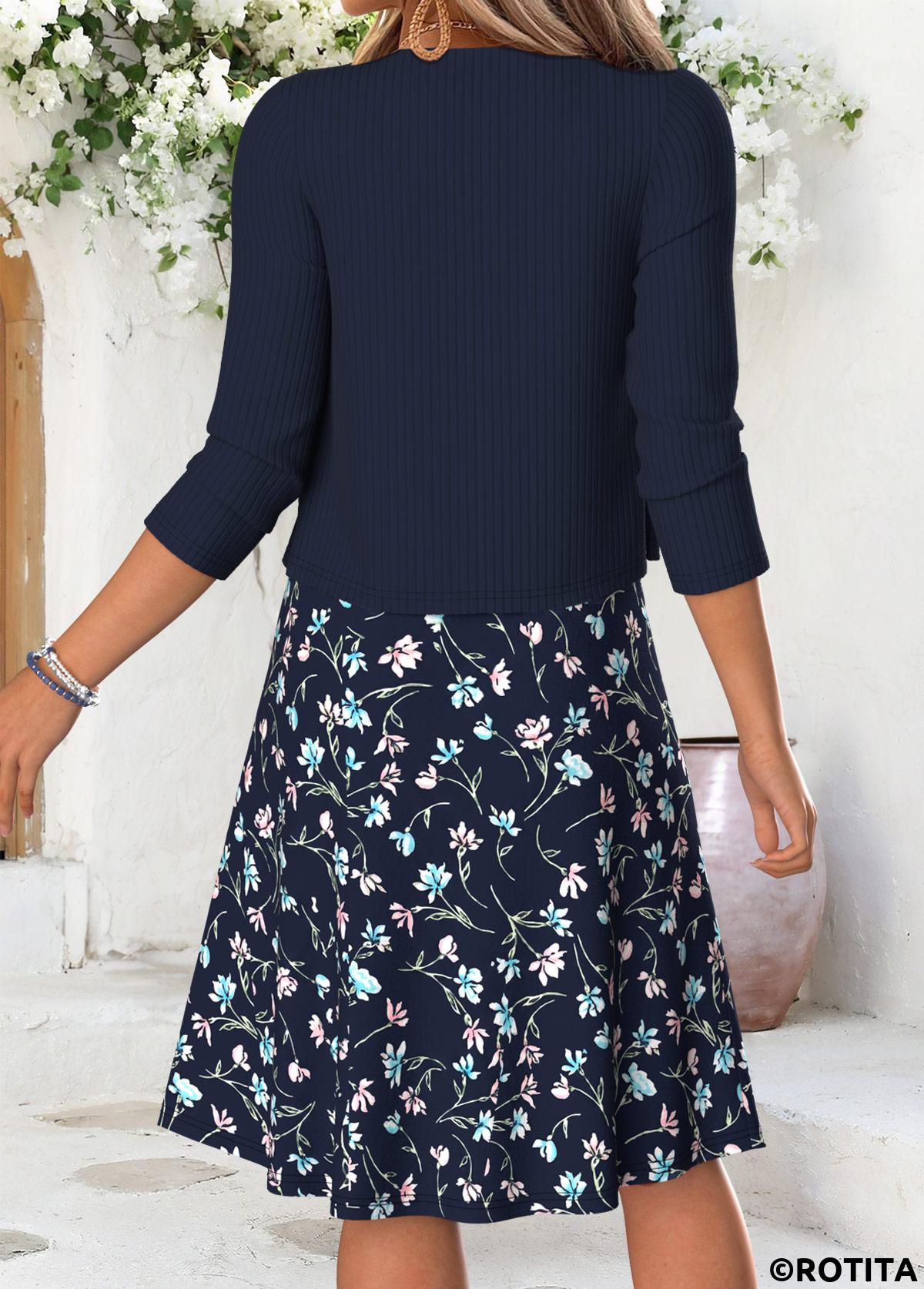 Navy dresses,Floral dresses,Plants dresses,Everyday dresses,Casual dresses,ROTITA Navy Floral Print Tummy Coverage Short Dress and Cardigan