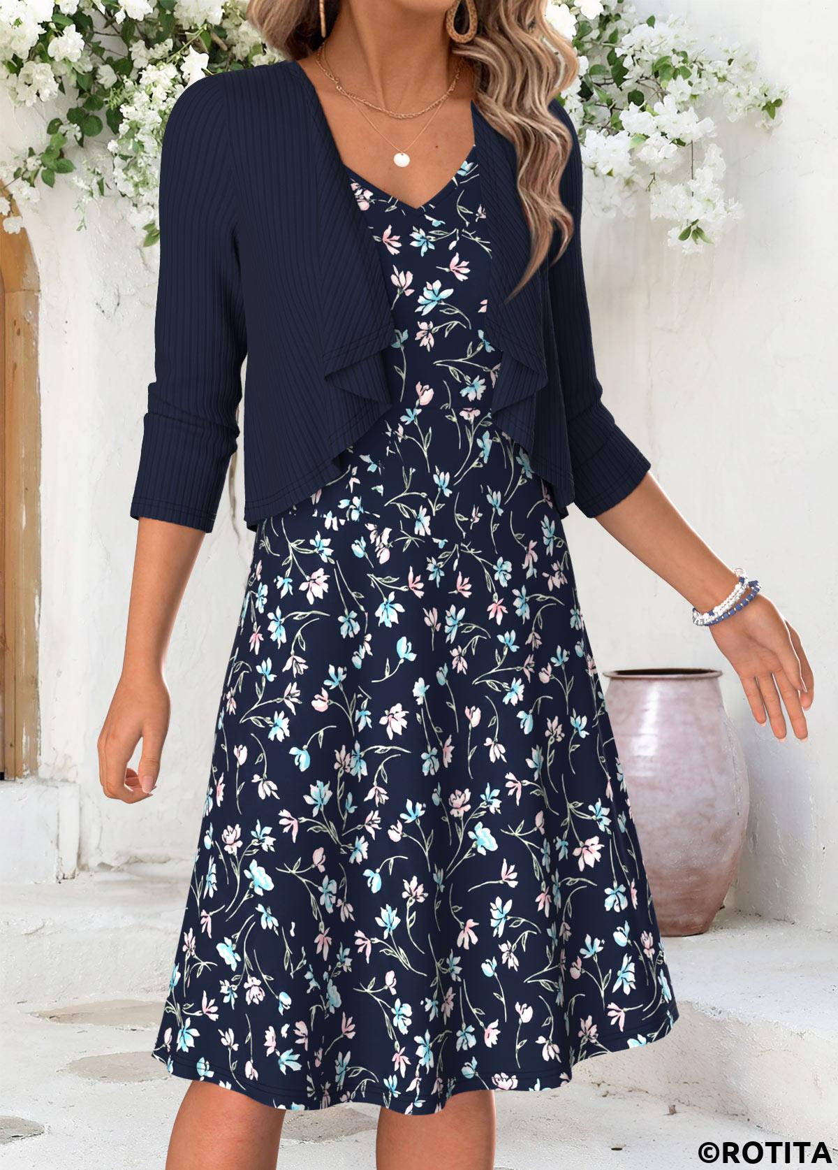 Navy dresses,Floral dresses,Plants dresses,Everyday dresses,Casual dresses,ROTITA Navy Floral Print Tummy Coverage Short Dress and Cardigan