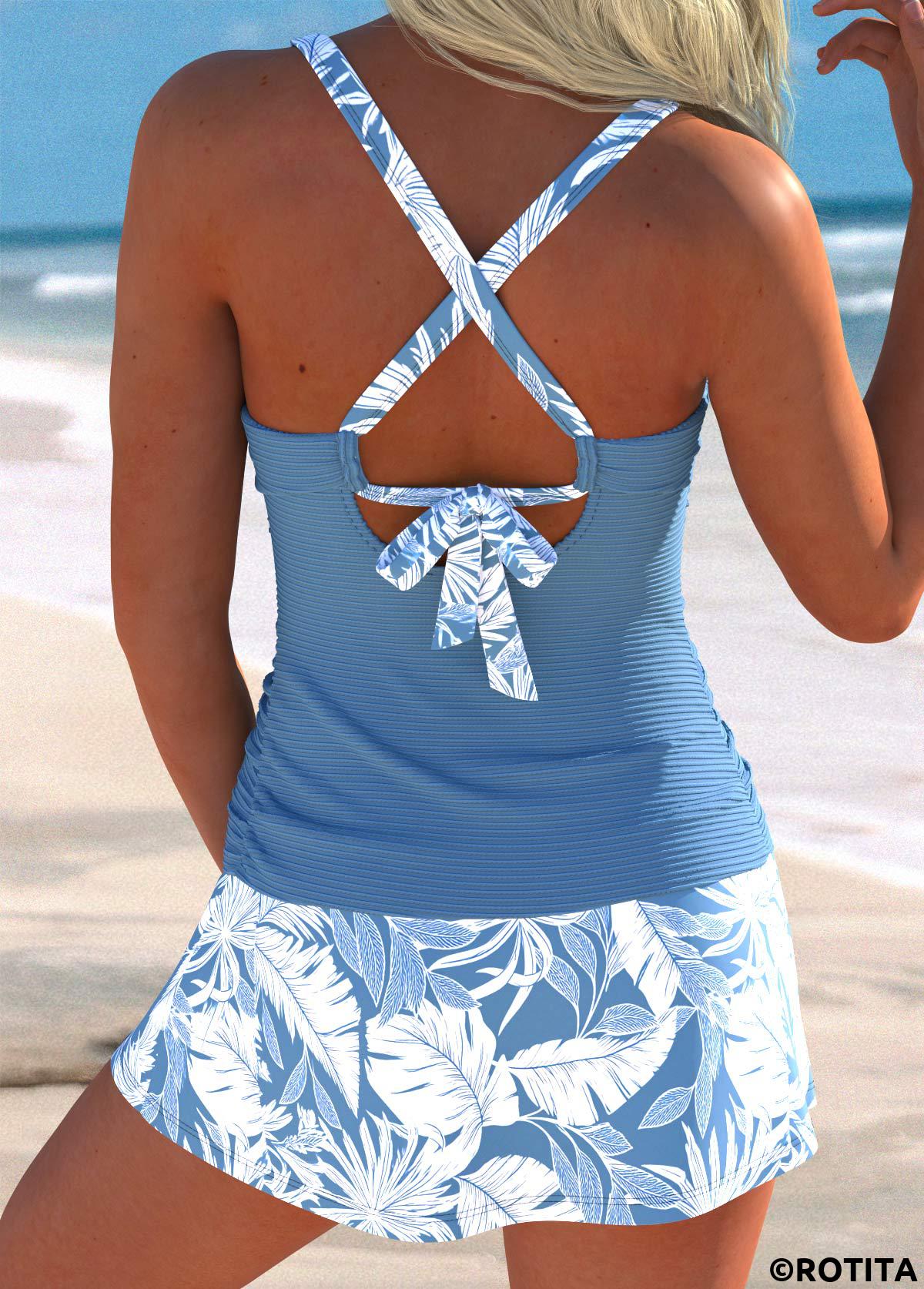 Dusty Blue swimwear,Plants swimwear,ROTITA Dusty Blue Surplice Leaf Print Mid Waisted Tankini Set