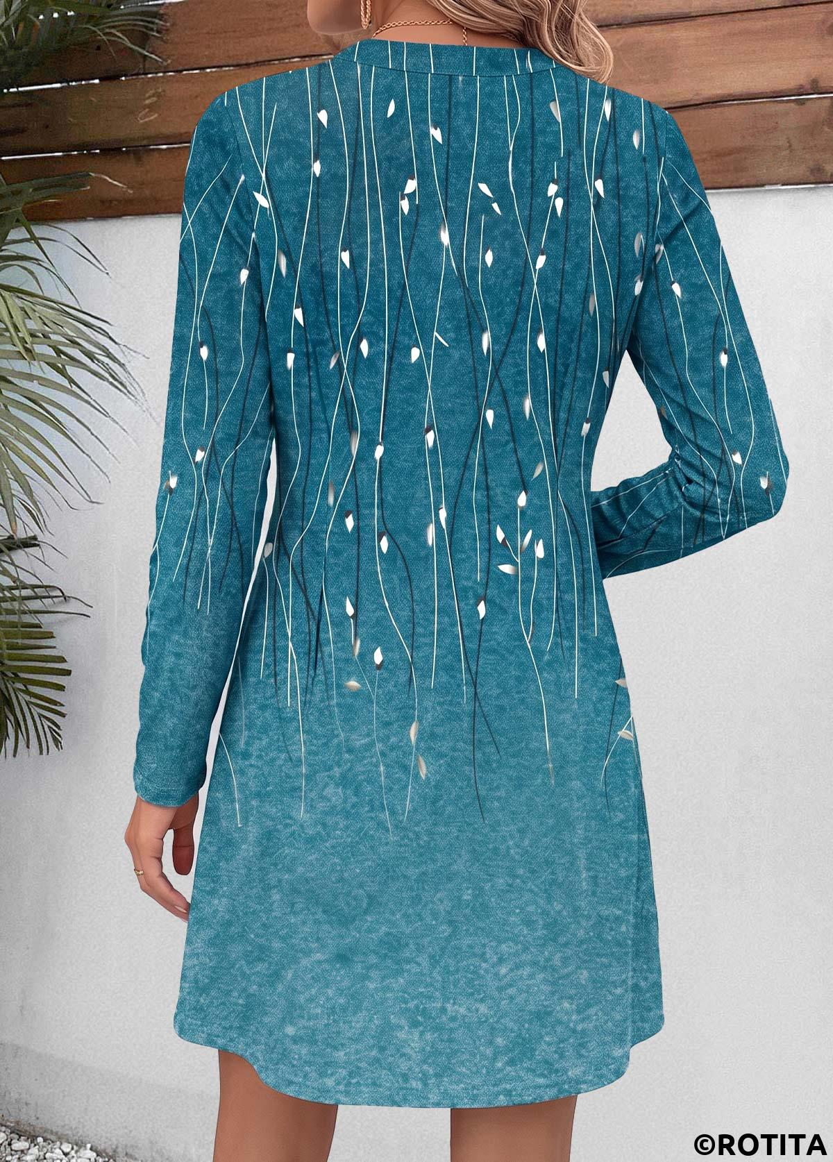 Turquoise dresses,Plants dresses,Everyday dresses,Casual dresses,ROTITA Turquoise Leaf Print Tummy Coverage Short Split Neck Dress