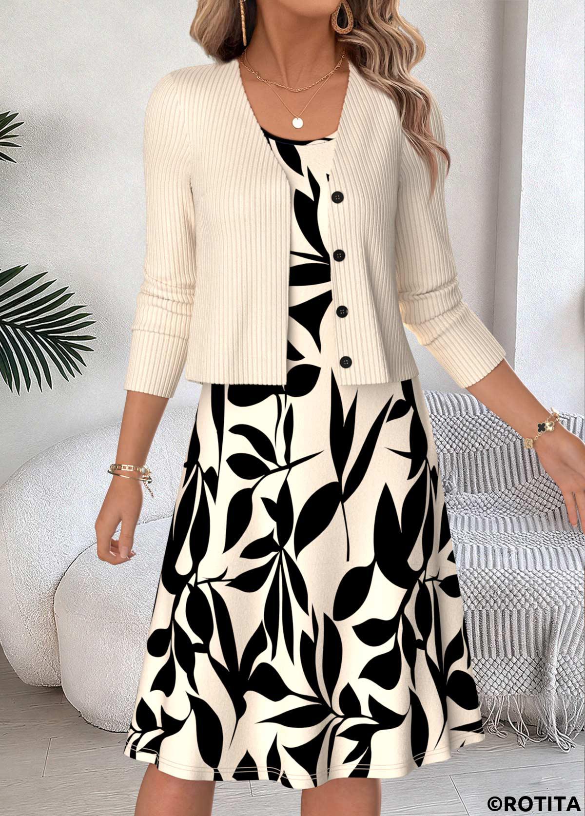Beige dresses,Plants dresses,Everyday dresses,Casual dresses,ROTITA Beige Leaf Print Two-piece Round Neck Dress and Cardigan