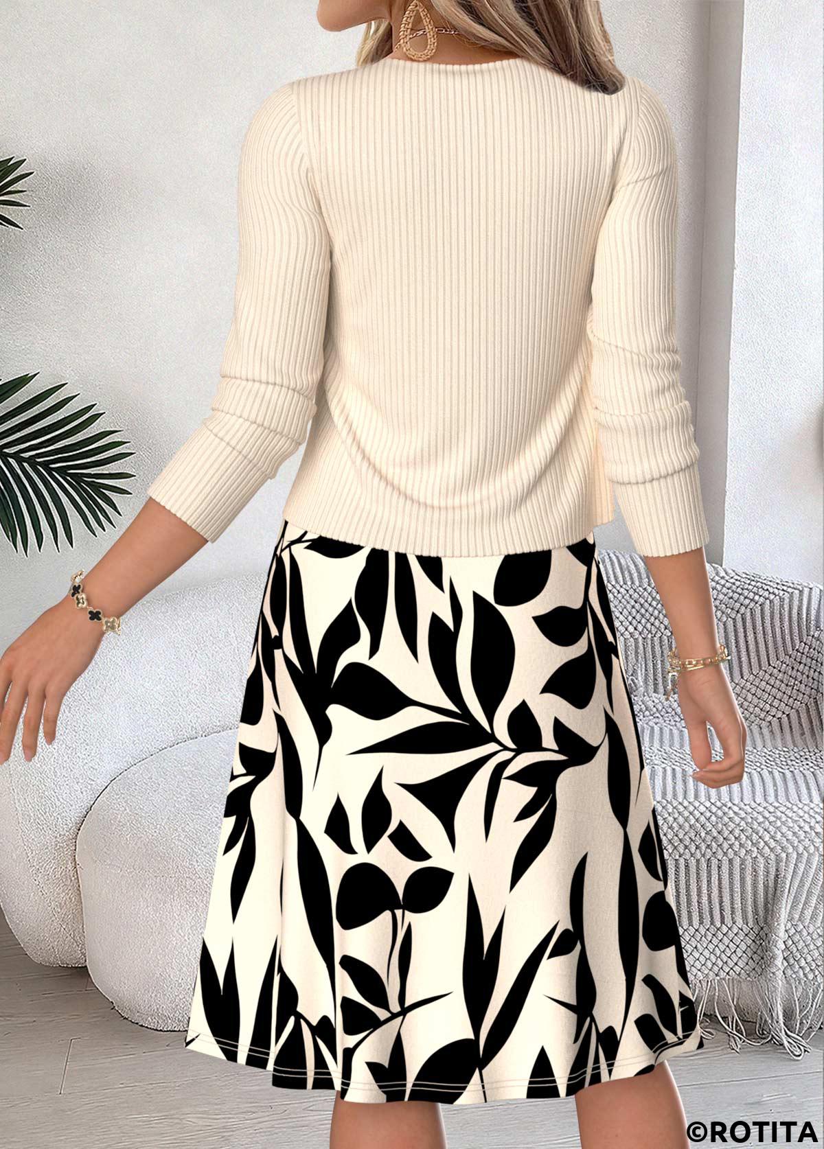 Beige dresses,Plants dresses,Everyday dresses,Casual dresses,ROTITA Beige Leaf Print Two-piece Round Neck Dress and Cardigan