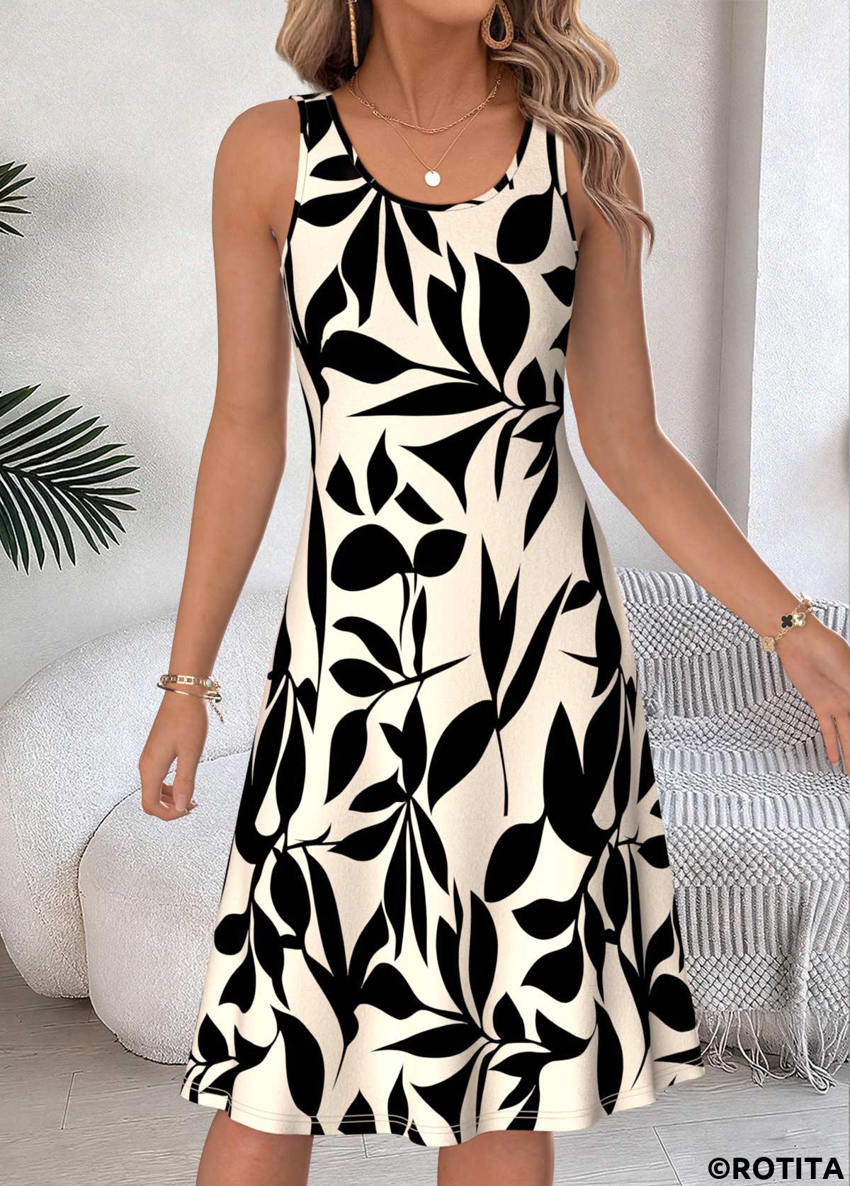 Beige dresses,Plants dresses,Everyday dresses,Casual dresses,ROTITA Beige Leaf Print Two-piece Round Neck Dress and Cardigan
