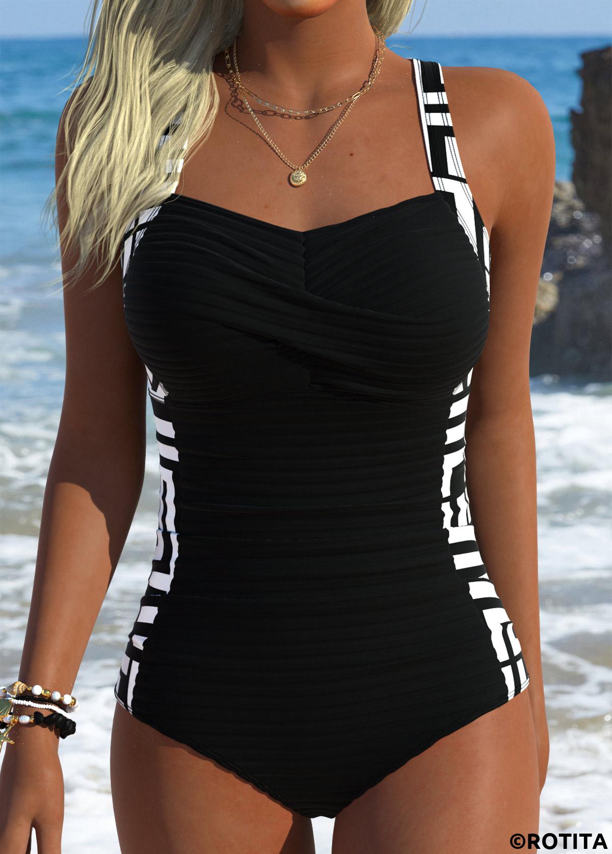 Black swimwear,Geometric swimwear,ROTITA Black Pull On Geometric Print One Piece Swimwear