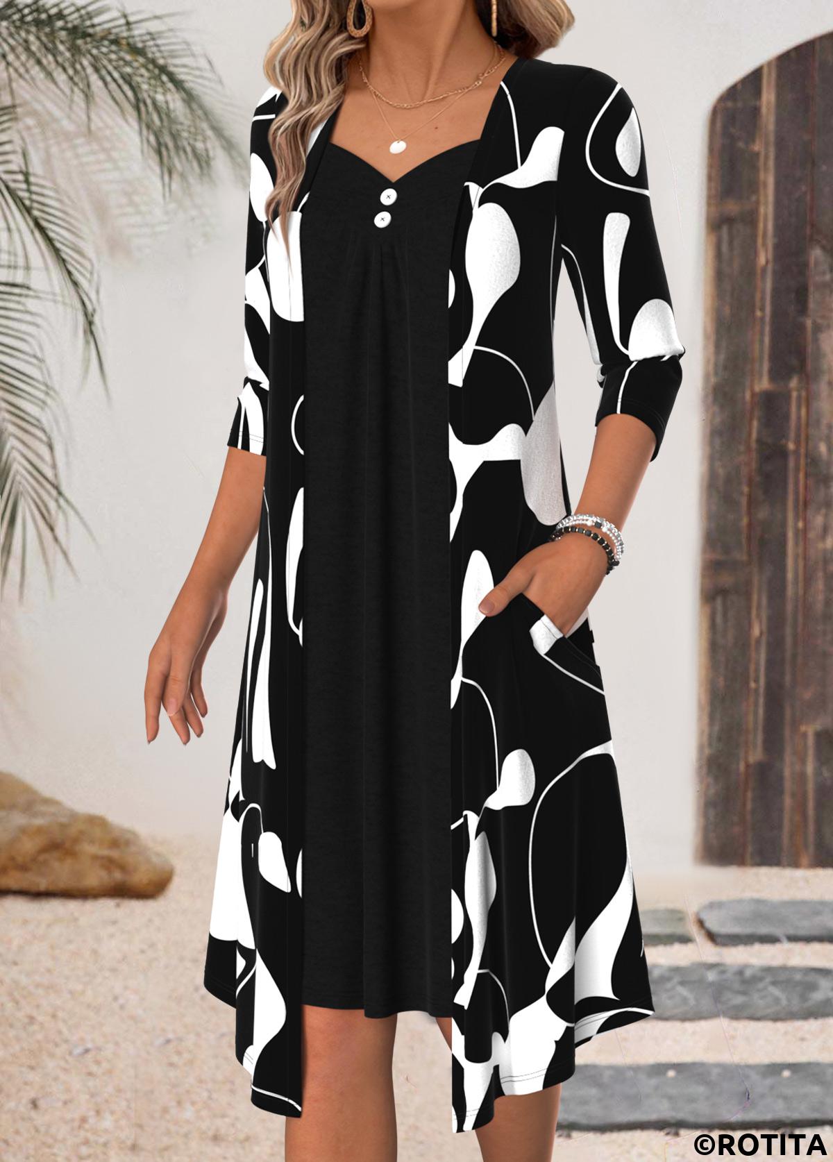 Black dresses,Geometric dresses,Everyday dresses,Casual dresses,ROTITA Black Geometric Print Fake 2in1 Square Neck Dress