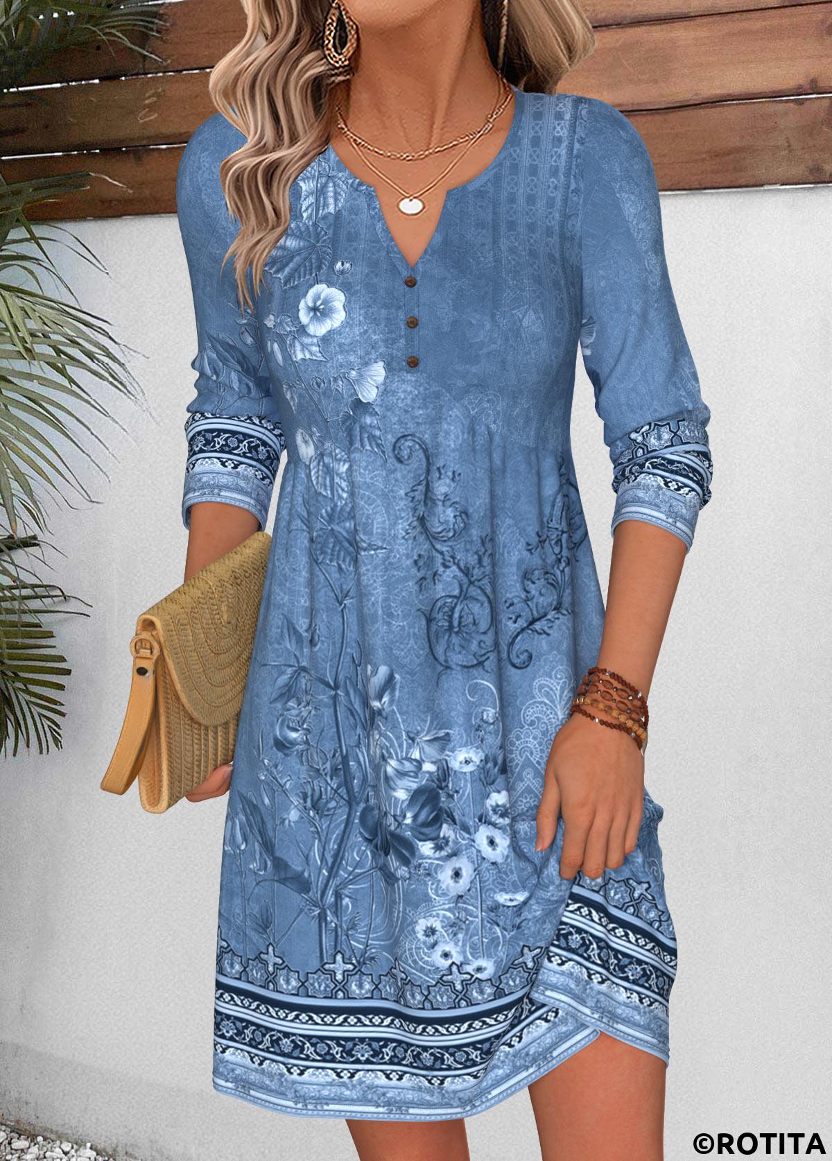 Dusty Blue dresses,Plants dresses,Floral dresses,Everyday dresses,Casual dresses,ROTITA Dusty Blue Random Floral Print Shirred Short Dress