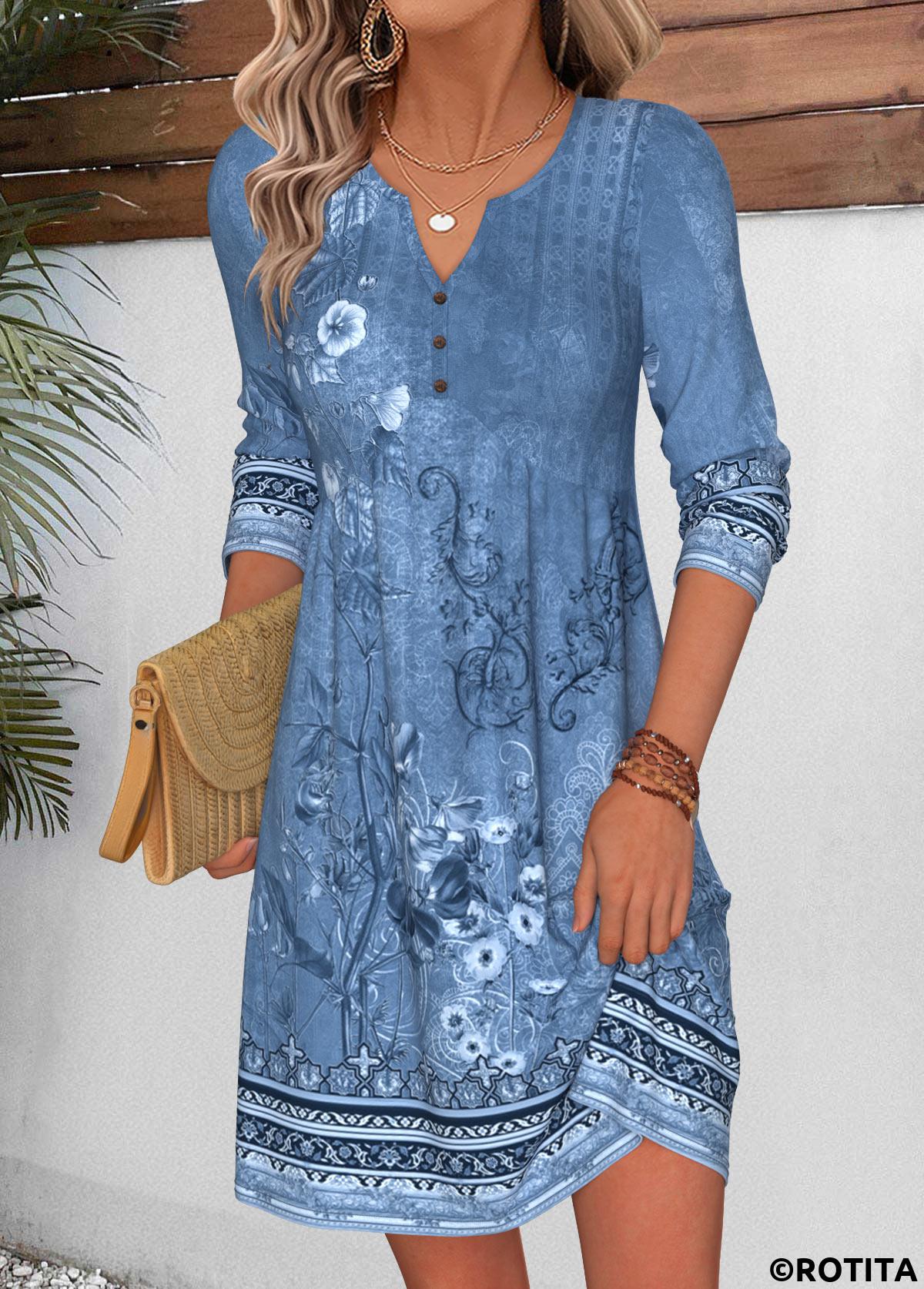 Dusty Blue dresses,Plants dresses,Floral dresses,Everyday dresses,Casual dresses,ROTITA Dusty Blue Random Floral Print Shirred Short Dress
