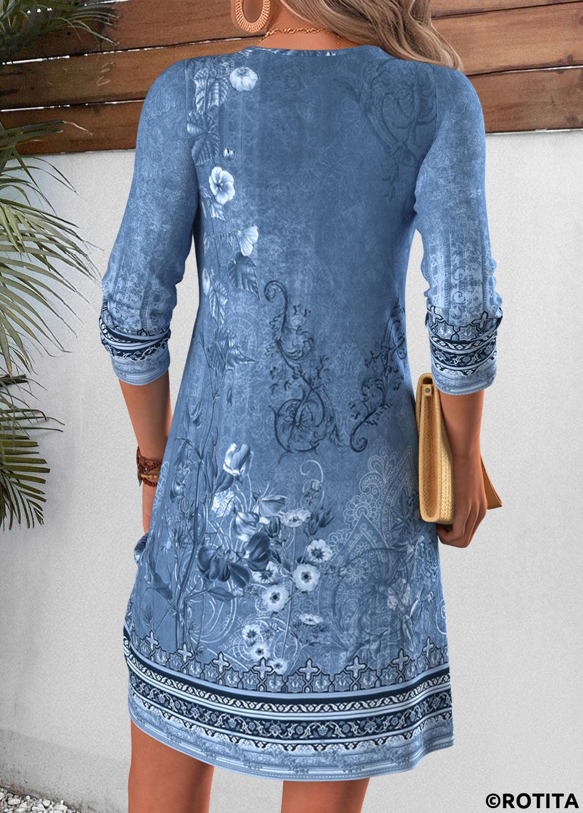 Dusty Blue dresses,Plants dresses,Floral dresses,Everyday dresses,Casual dresses,ROTITA Dusty Blue Random Floral Print Shirred Short Dress