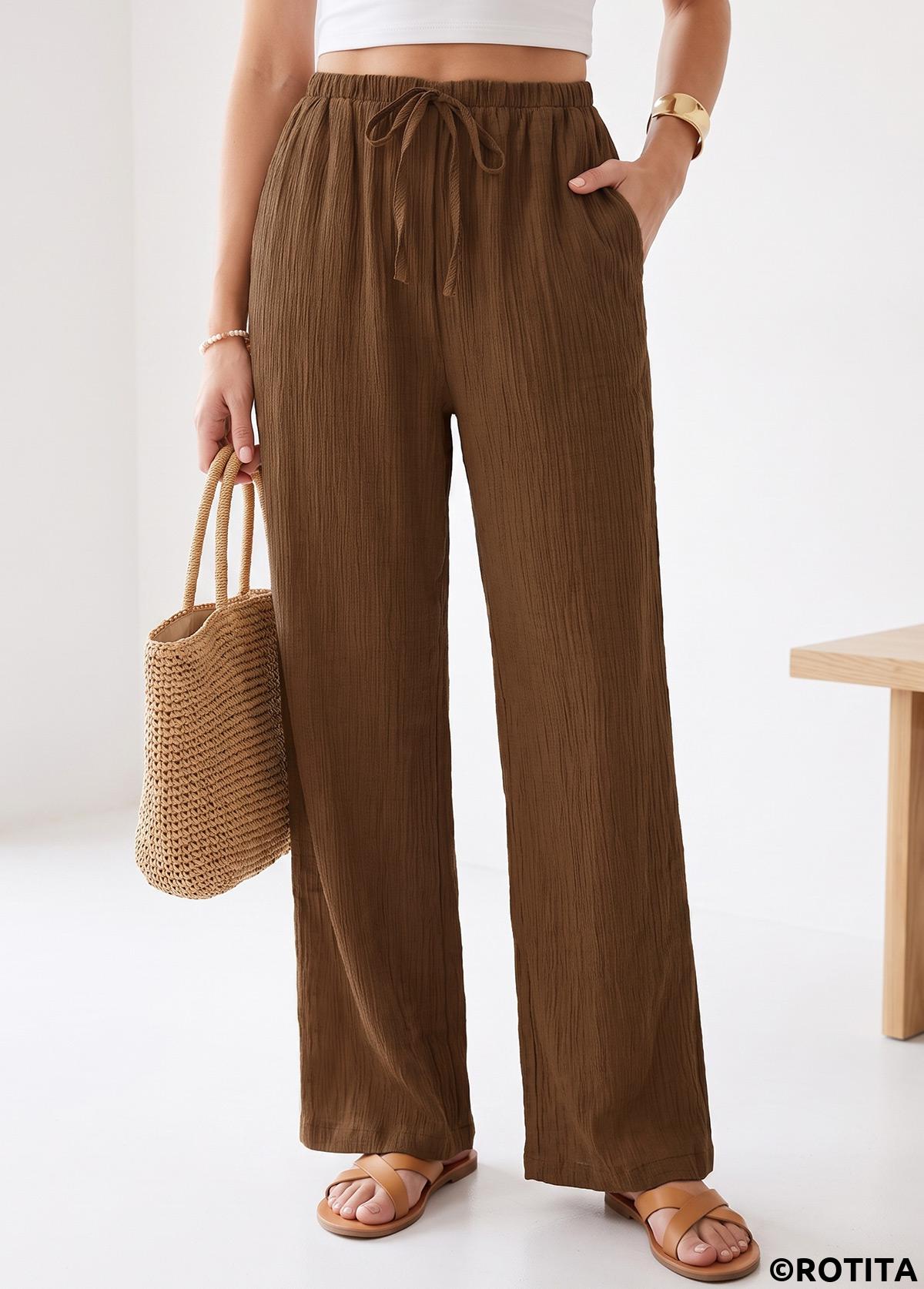 Dark Coffee bottoms,Plain Color bottoms,Dark Coffee Elastic Waist High Waisted Pants