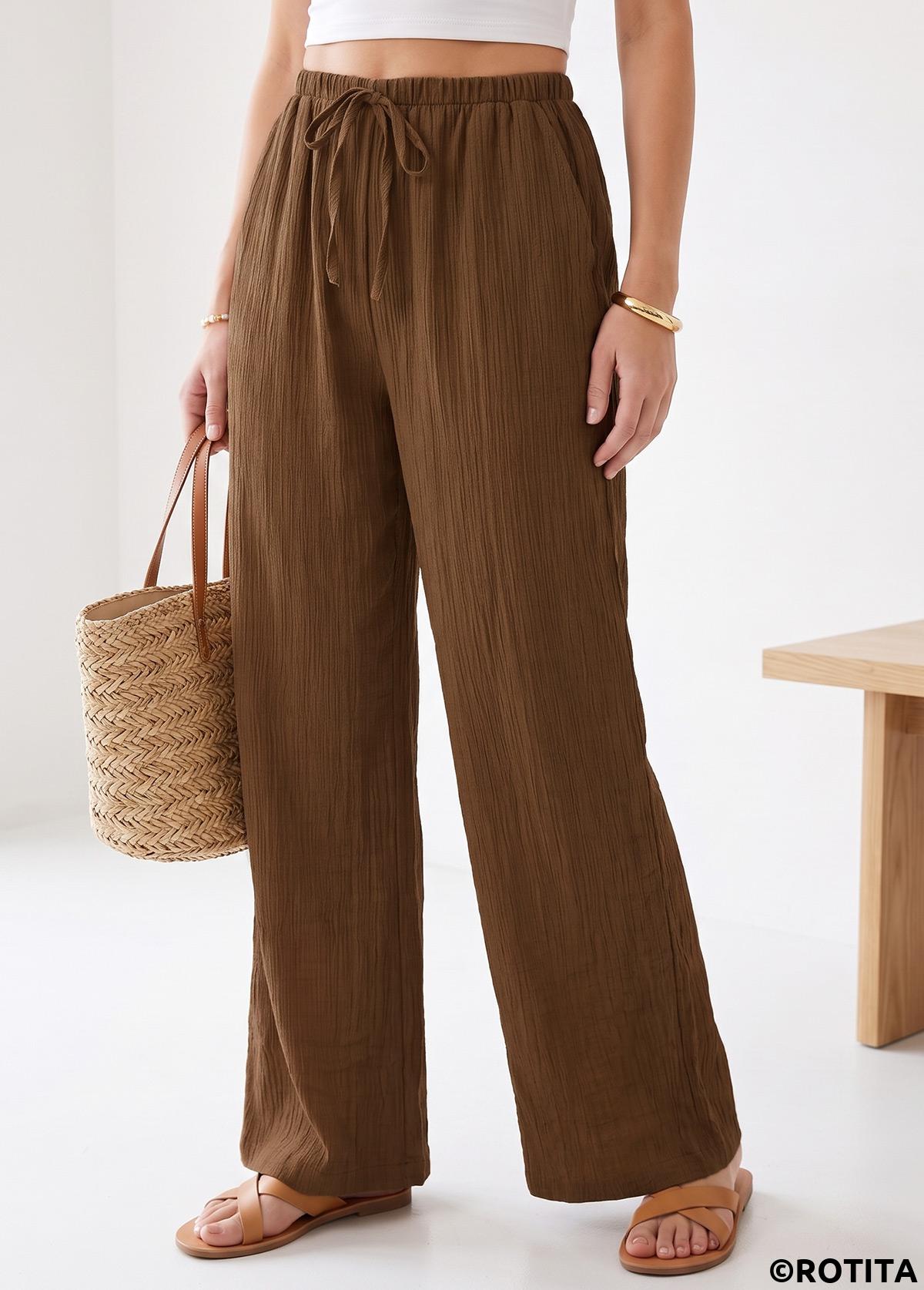 Dark Coffee bottoms,Plain Color bottoms,Dark Coffee Elastic Waist High Waisted Pants