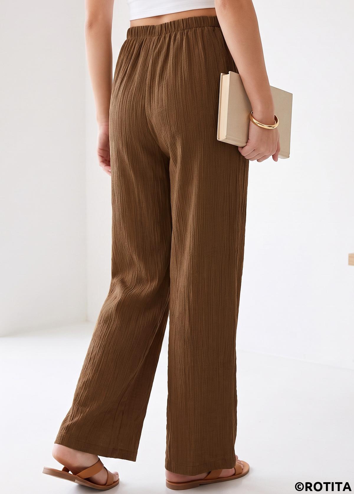 Dark Coffee bottoms,Plain Color bottoms,Dark Coffee Elastic Waist High Waisted Pants