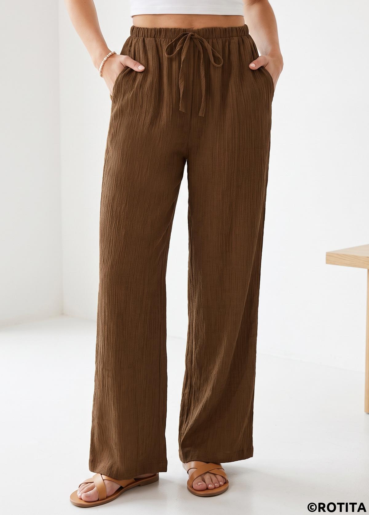 Dark Coffee bottoms,Plain Color bottoms,Dark Coffee Elastic Waist High Waisted Pants